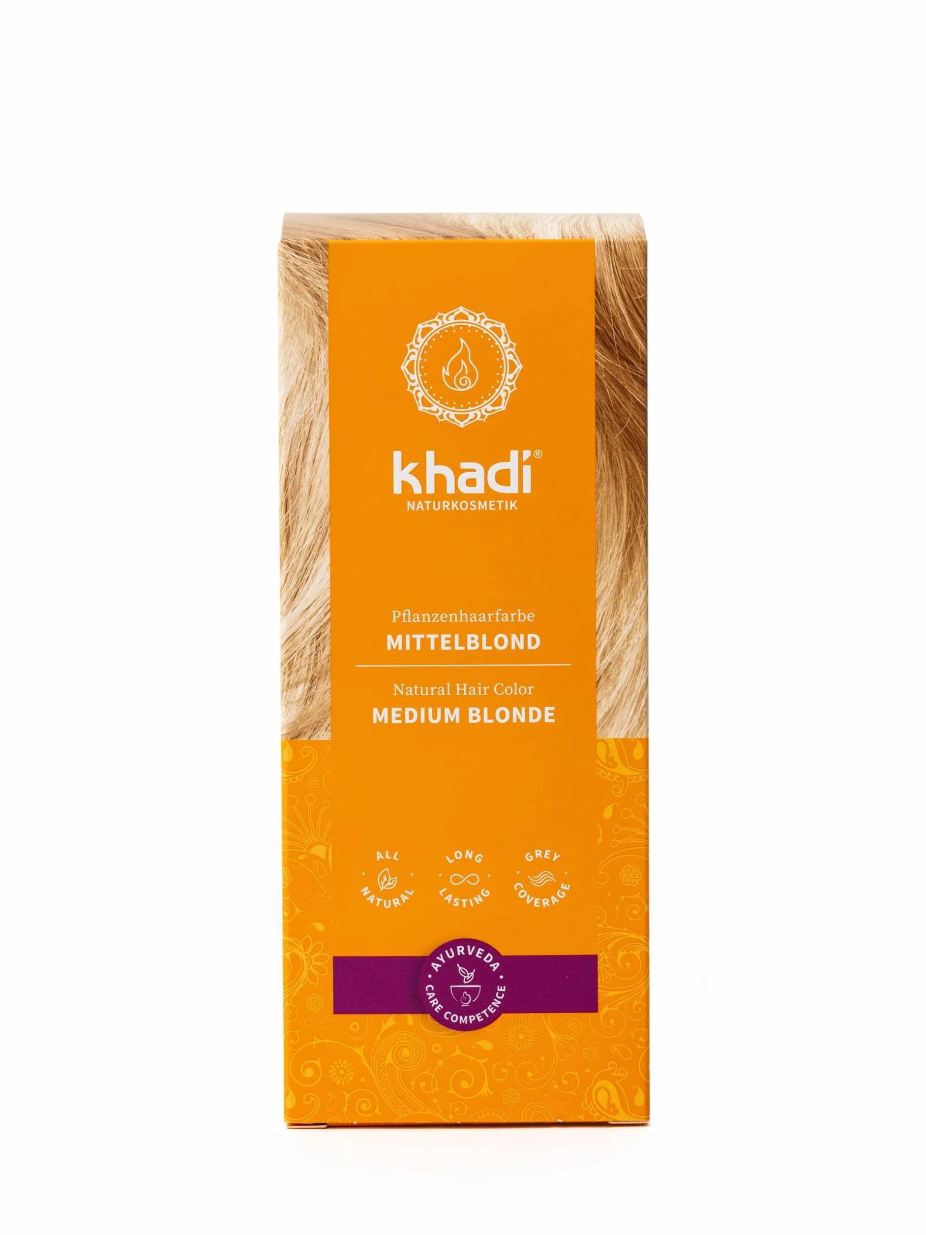 khadi ŚREDNI BLOND roślinna farba do włosów, zanurza włosy w ciepłym średnim blondzie z aksamitnymi refleksami kolorystycznymi, w 100% roślinna i naturalna, certyfikowane kosmetyki naturalne, 100g
