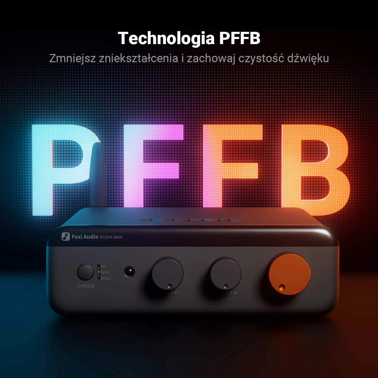 Fosi Audio BT20A MAX Wzmacniacz Mocy Stereo, 300W x2 Wzmacniacz Audio Hi-Fi z Technologią PFFB, LDAC Bluetooth 6.0, Podwójne Niezależne Zasilanie, Pilot Zdalnego Sterowania, Idealny do Systemów 2.1