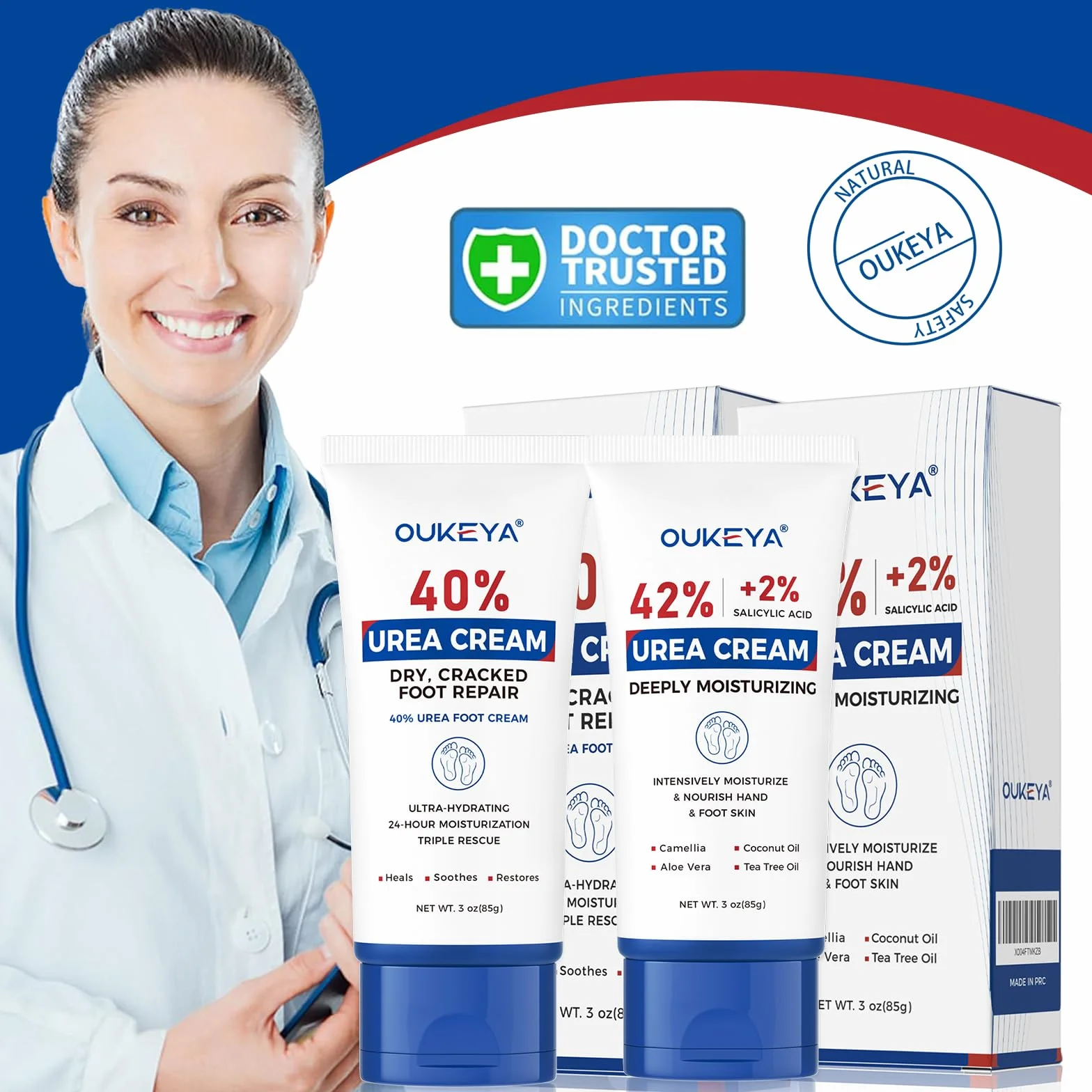 OUKEYA Krem do Stóp 40% Urea & Krem 42% Urea + 2% SA, Intensywna Regeneracja dla Suchej i Popękanej Skóry Stóp, Pięt i Dłoni, Złuszczający i Głęboko Nawilżający, 2x85g