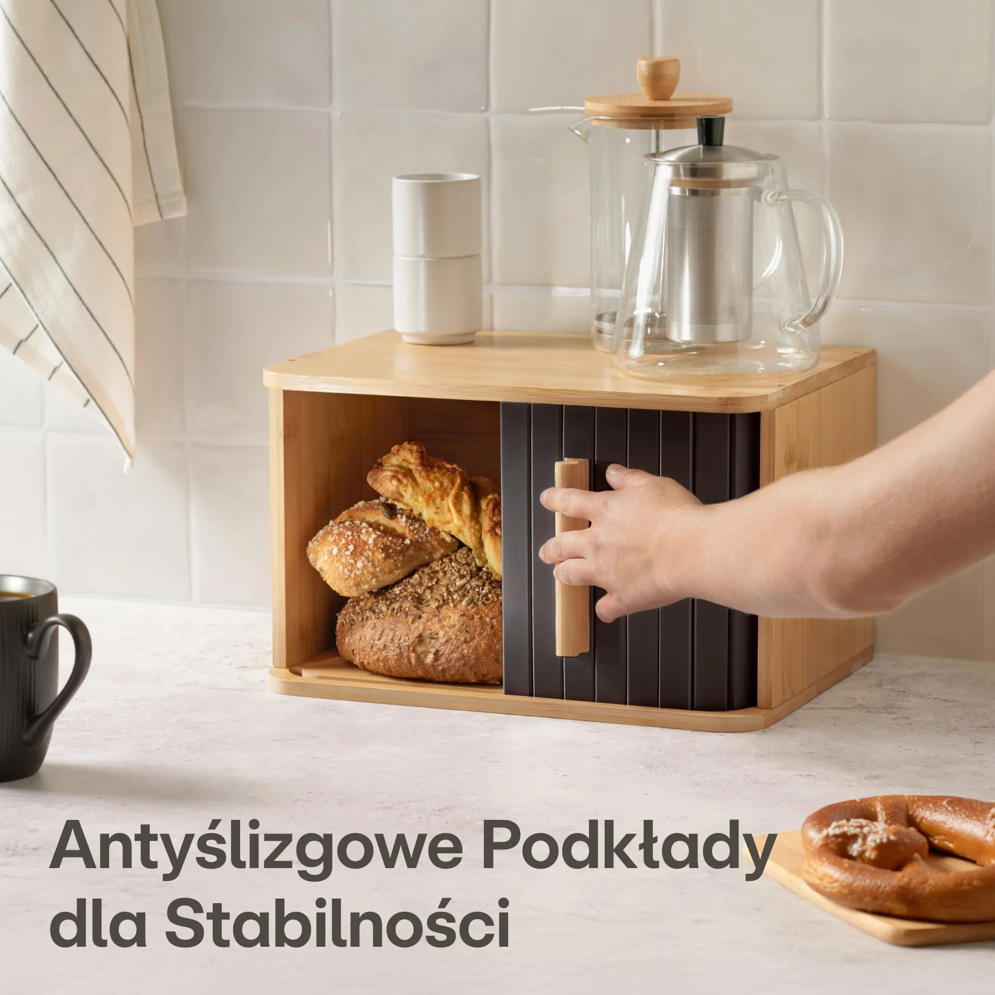 Bambusowy Pojemnik Na Chleb Fsc 33x23cm Z Przesuwanymi Drzwiczkami Czarny