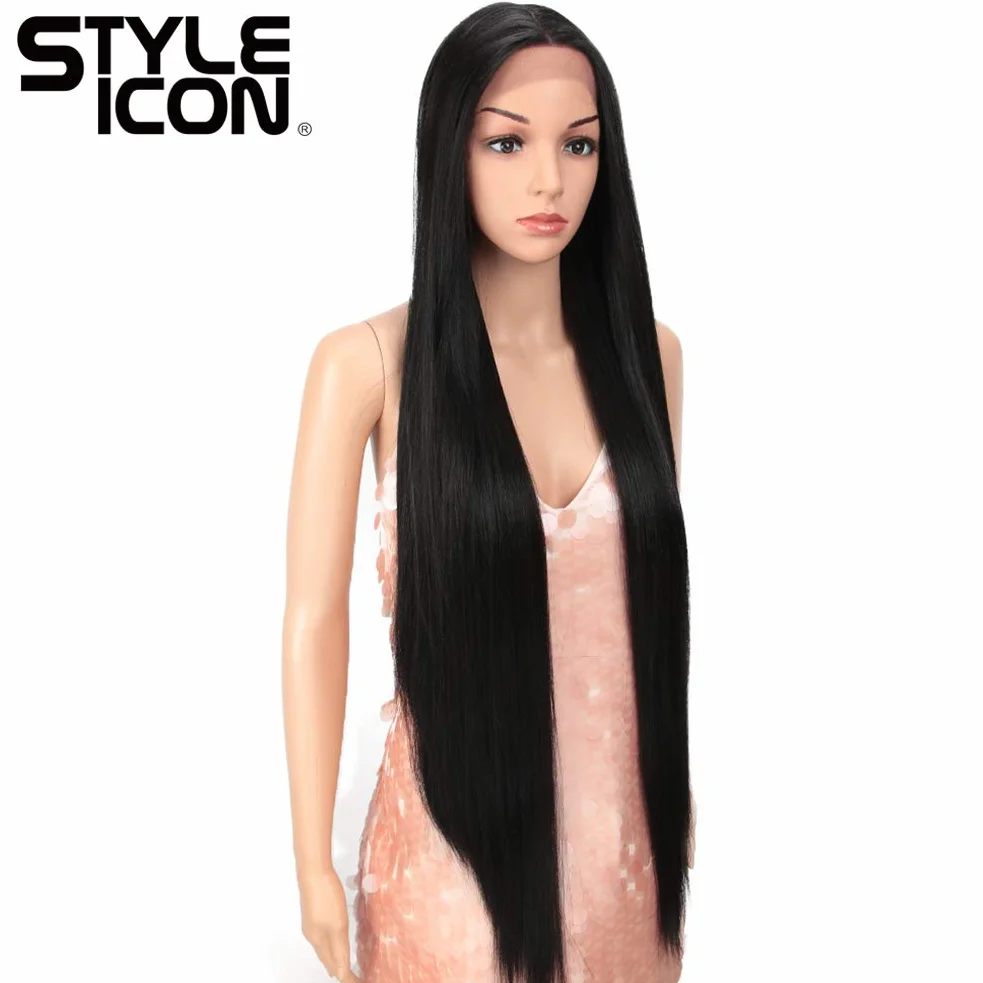 Style Icon Peruka 96,5 cm, bardzo długa, prosta koronka z przodu dla kobiet, syntetyczna koronka z przodu, środkowy przedziałek, peruka koronkowa, 150% gęstości (1B)