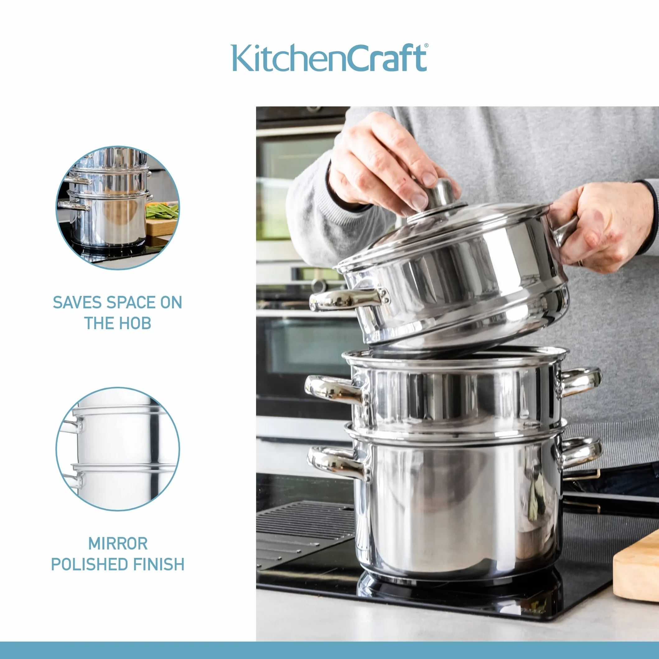 KitchenCraft Zestaw 3 garnków ze stali nierdzewnej 16 cm, 3-stopniowy, z zabezpieczeniem indukcyjnym