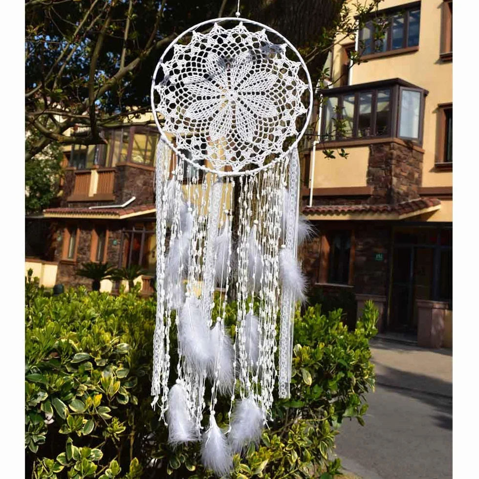 duży łapacz snów w stylu boho, z białymi piórami, makrama, ozdoba na ścianę na wesele vintage lub do dekoracji domu, okrąg 30 cm, długość 80 cm, biały