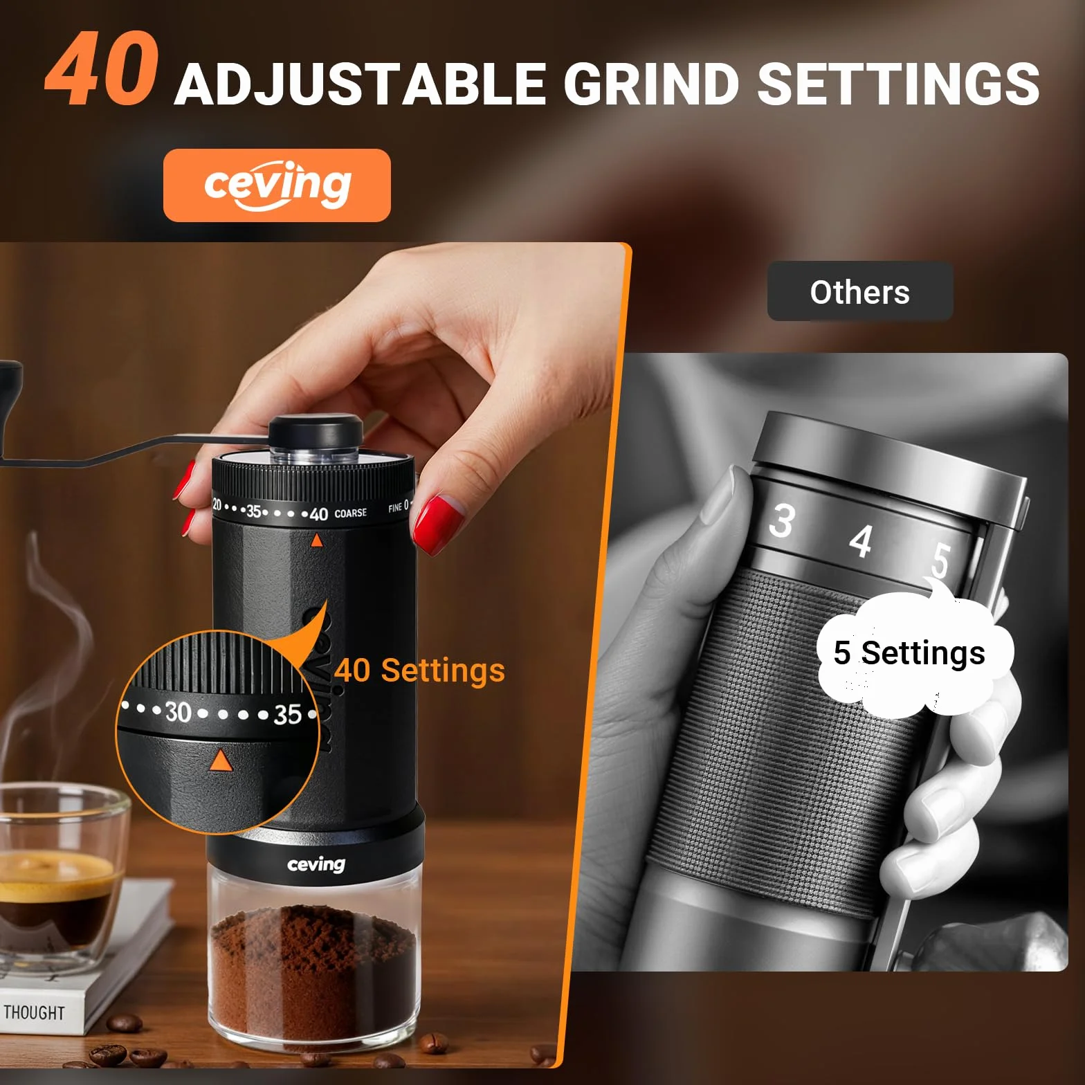 Ręczny młynek do kawy stalowy stożkowy 60g 40 regulacji przenośny do espresso pour-over