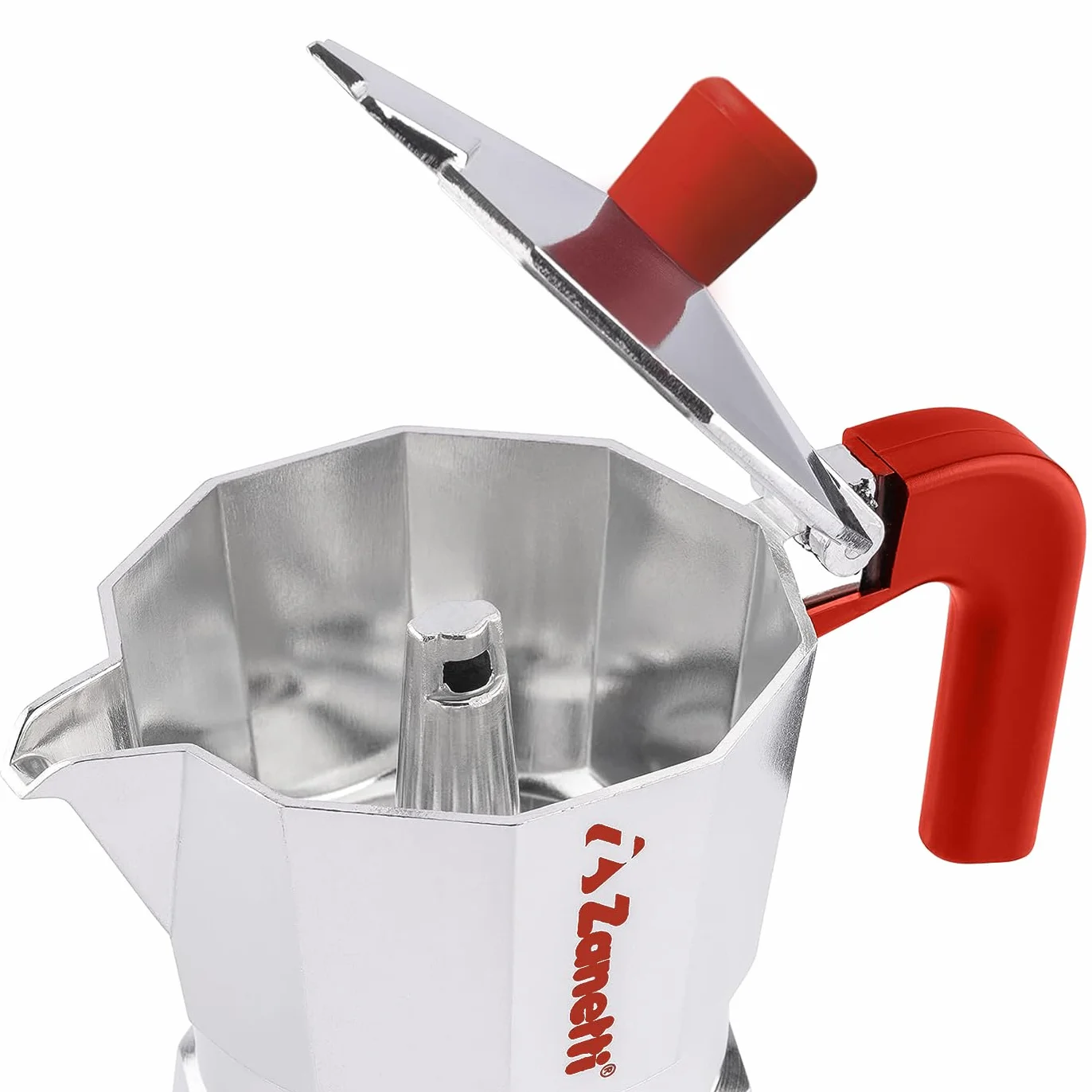 Zanetti, Mama Red Edition, Aluminiowy dzbanek do kawy, ekspres do kawy, 2 filiżanki, Moka Espresso z systemem zapobiegającym upadkowi, silikonowa uszczelka, ergonomiczny uchwyt, kolor czerwony
