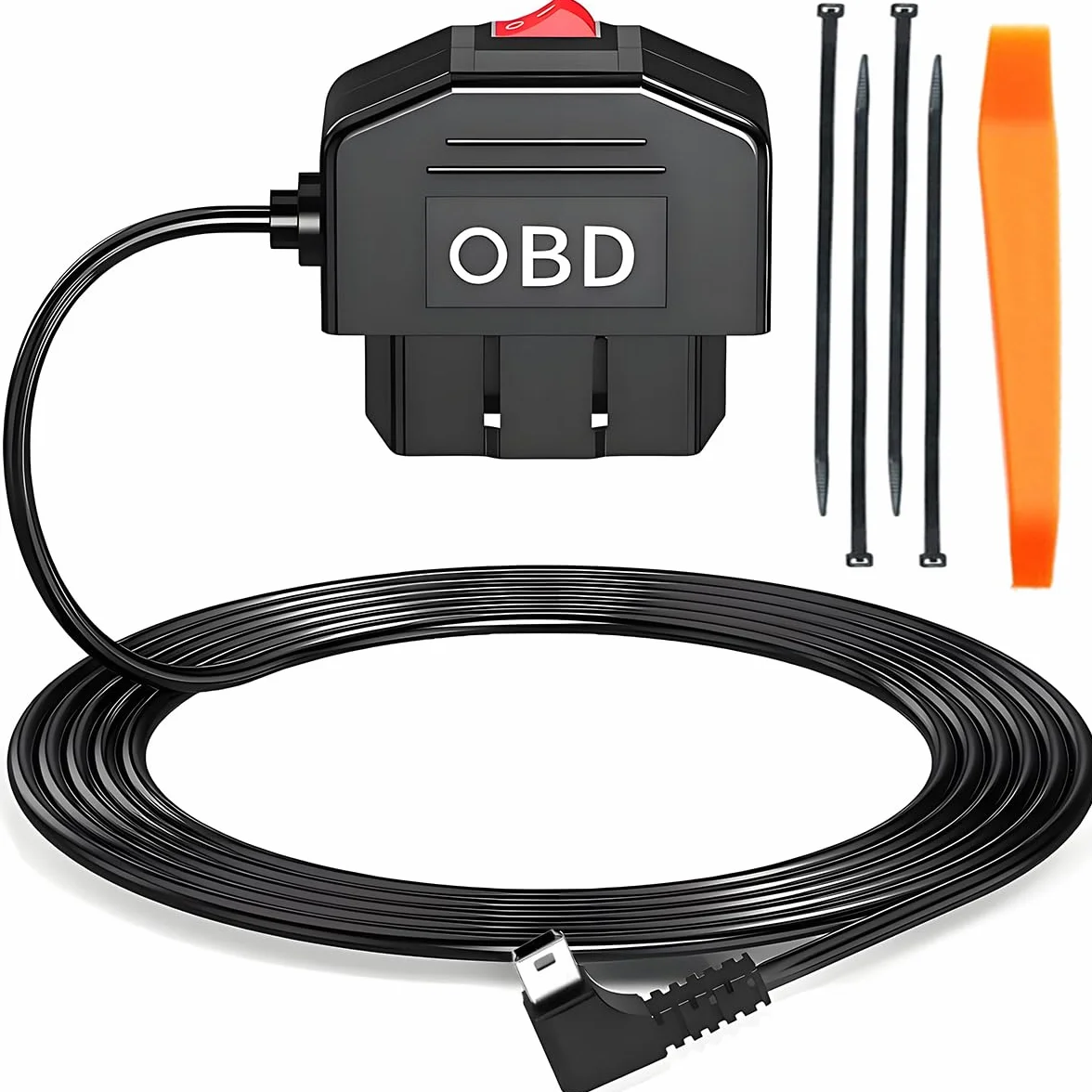 ZAMDOE Mini USB OBD Kabel zasilający Adapter do Dashcam OBD2 Kąt Mini USB z przełącznikiem 90 stopni Monitorowanie 24 godziny tryb Acc 12 V-24 V do 5 V/3 A 3,5 m