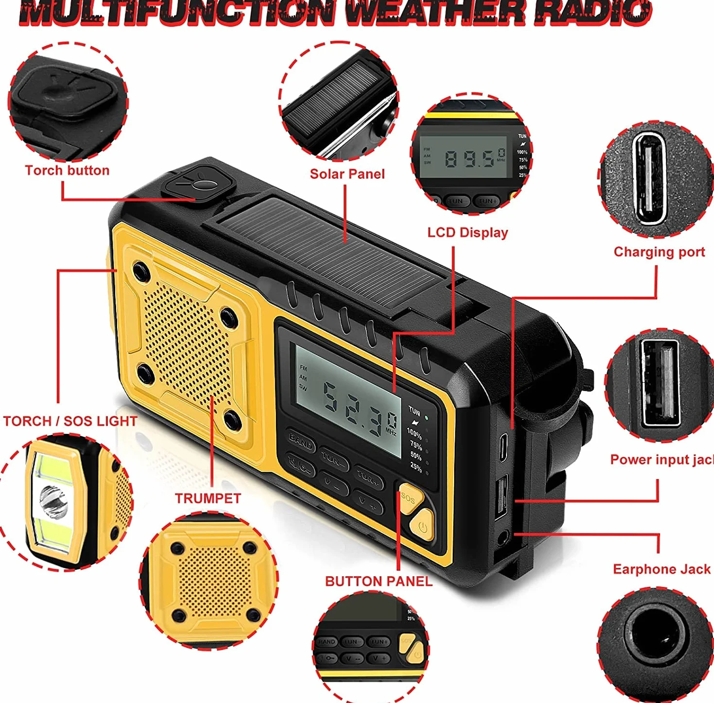 Solarne radio przenośne radio z korbą, radio AM/FM o pojemności 5000 mAh, ładowalna bateria, power bank, radio awaryjne z oświetleniem LED, alarm SOS i kompas, przyłącze do użytku zewnętrznego
