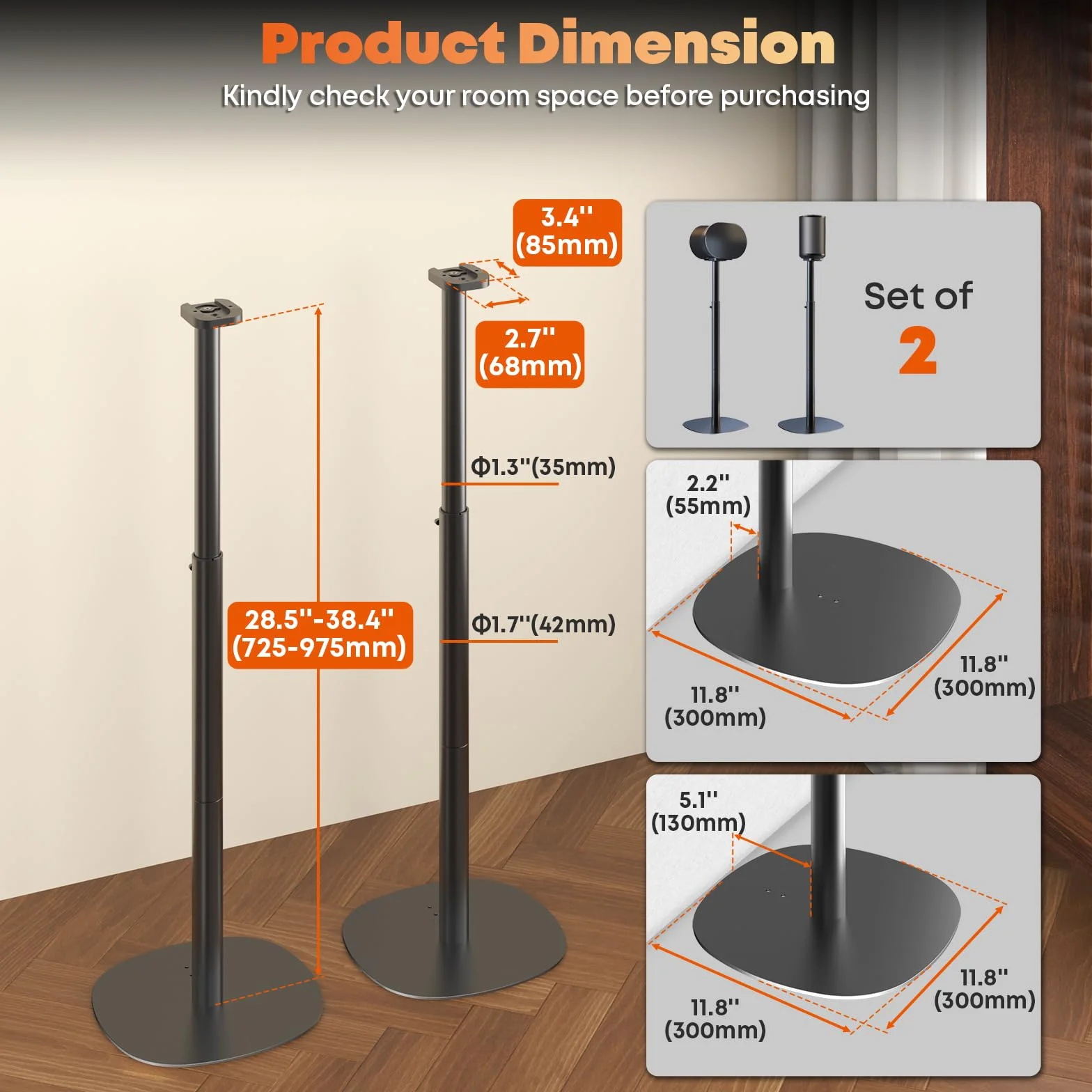 Stojaki do głośników Sonos Era 100 i Era 300 – Regulowana wysokość, Stojaki podłogowe 74-99 cm, Podstawa Dual-Mount oszczędzająca miejsce, Maksymalne obciążenie 5 kg na stojak, 1 para, Czarny