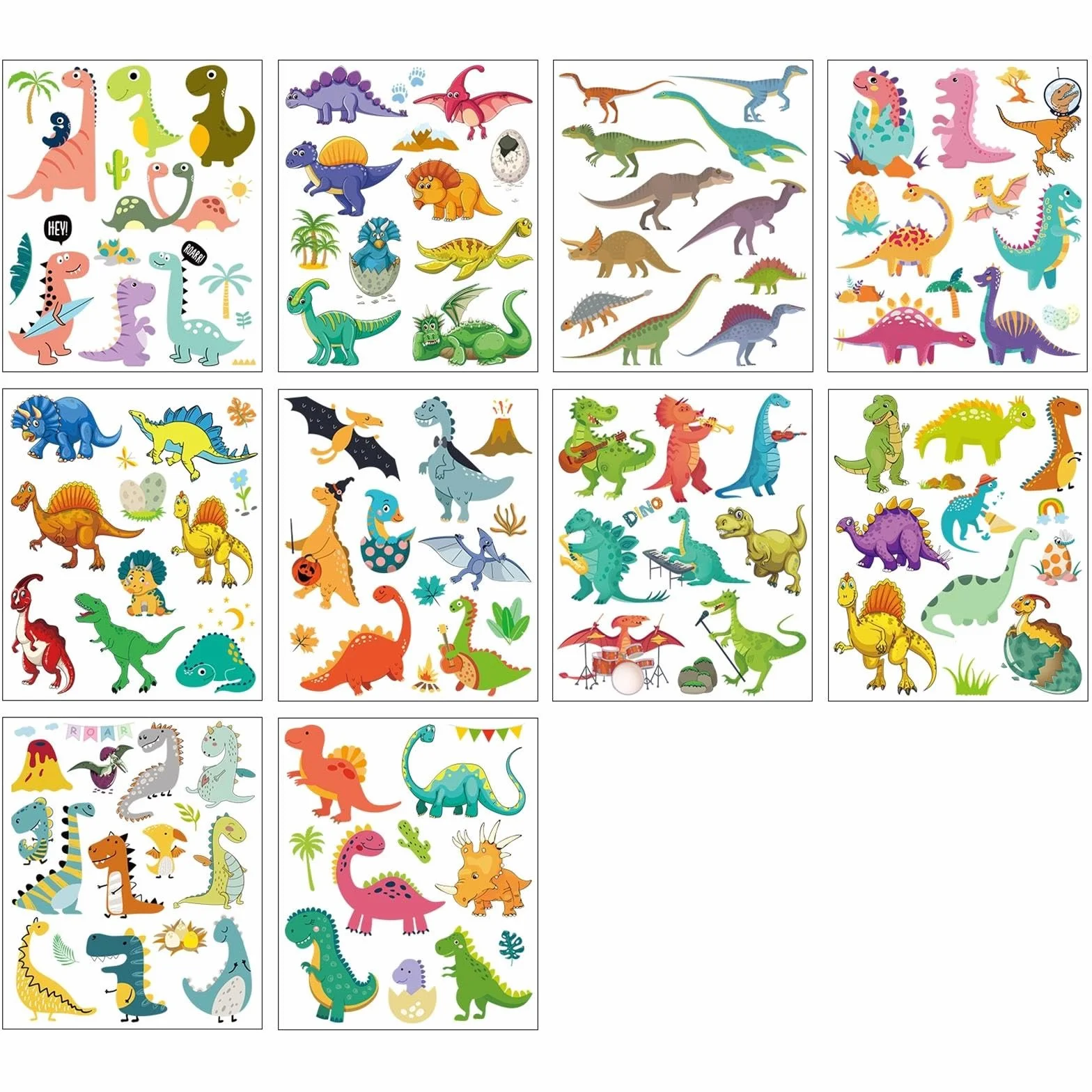 10 arkuszy z tymczasowymi tatuażami z dinozaurami dla dzieci, wodoodporne, urocze kreskówkowe naklejki z dinozaurów dla chłopców i dziewczynek, prezenty na imprezę
