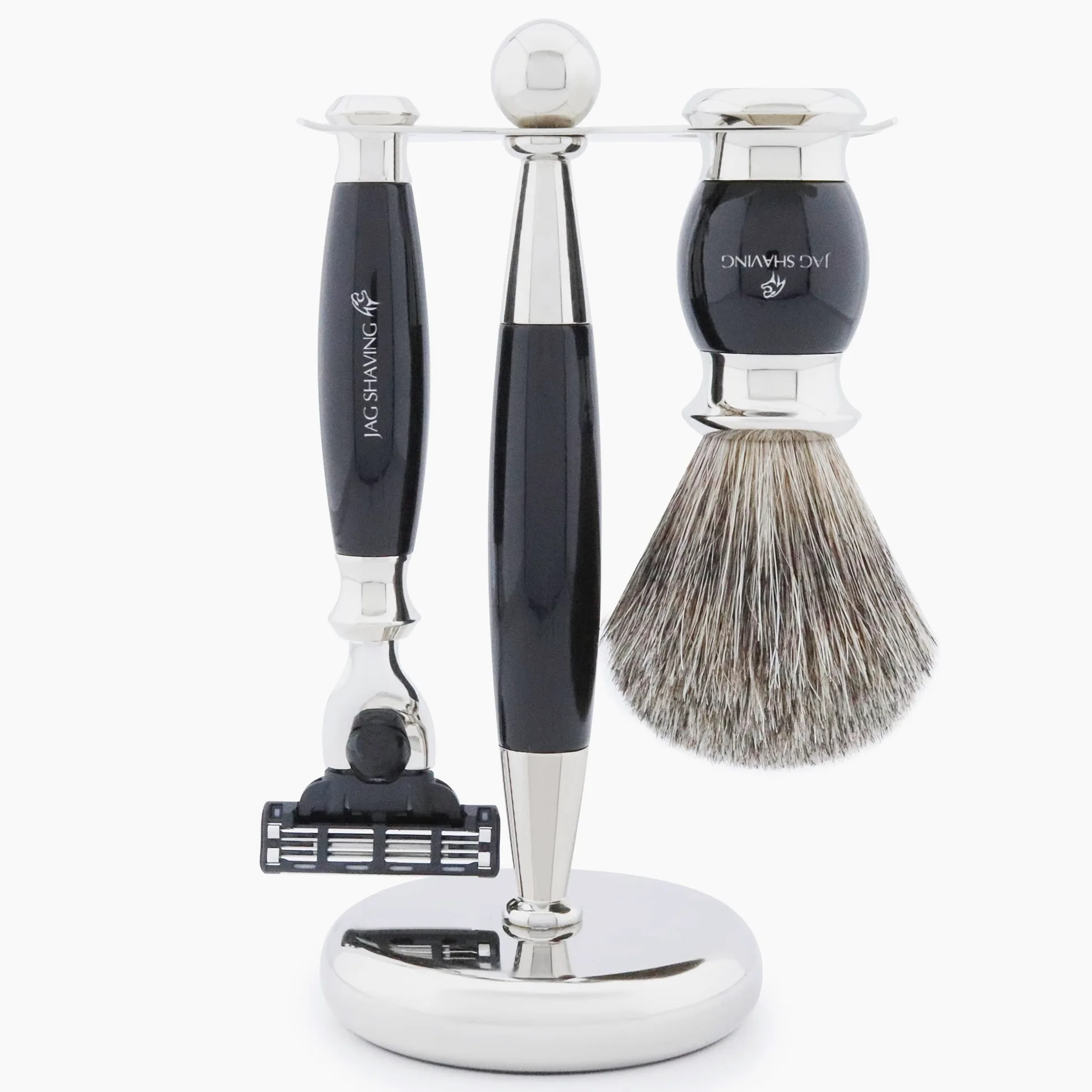 Jag Shaving zestaw do golenia – 3-częściowy zestaw do golenia z pędzlem do golenia – 3 ostrza do golenia – super pędzel do golenia z włosia borsuka – stojak do golenia – czarny zestaw do golenia jako