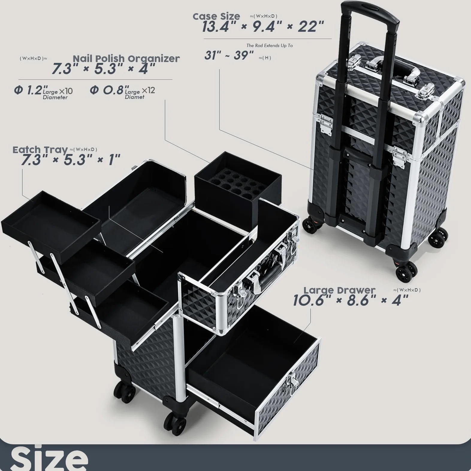 Hododou Rolling Makeup Train Case Przenośny wózek kosmetyczny z kółkami do szuflad, 4 tace, duże dno, Czarny