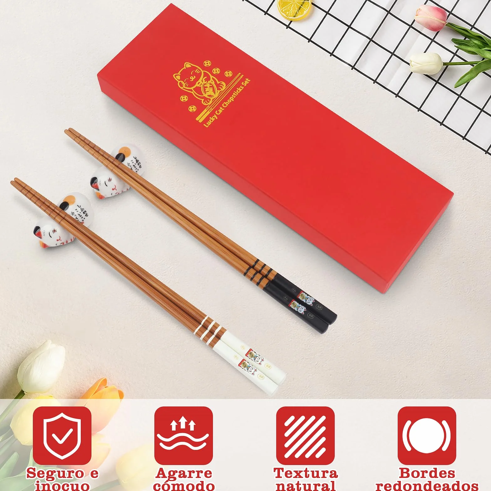 Zestaw pałeczek do sushi 2 pary drewniane ekologiczne z porcelanowymi podstawkami pudełko prezentowe