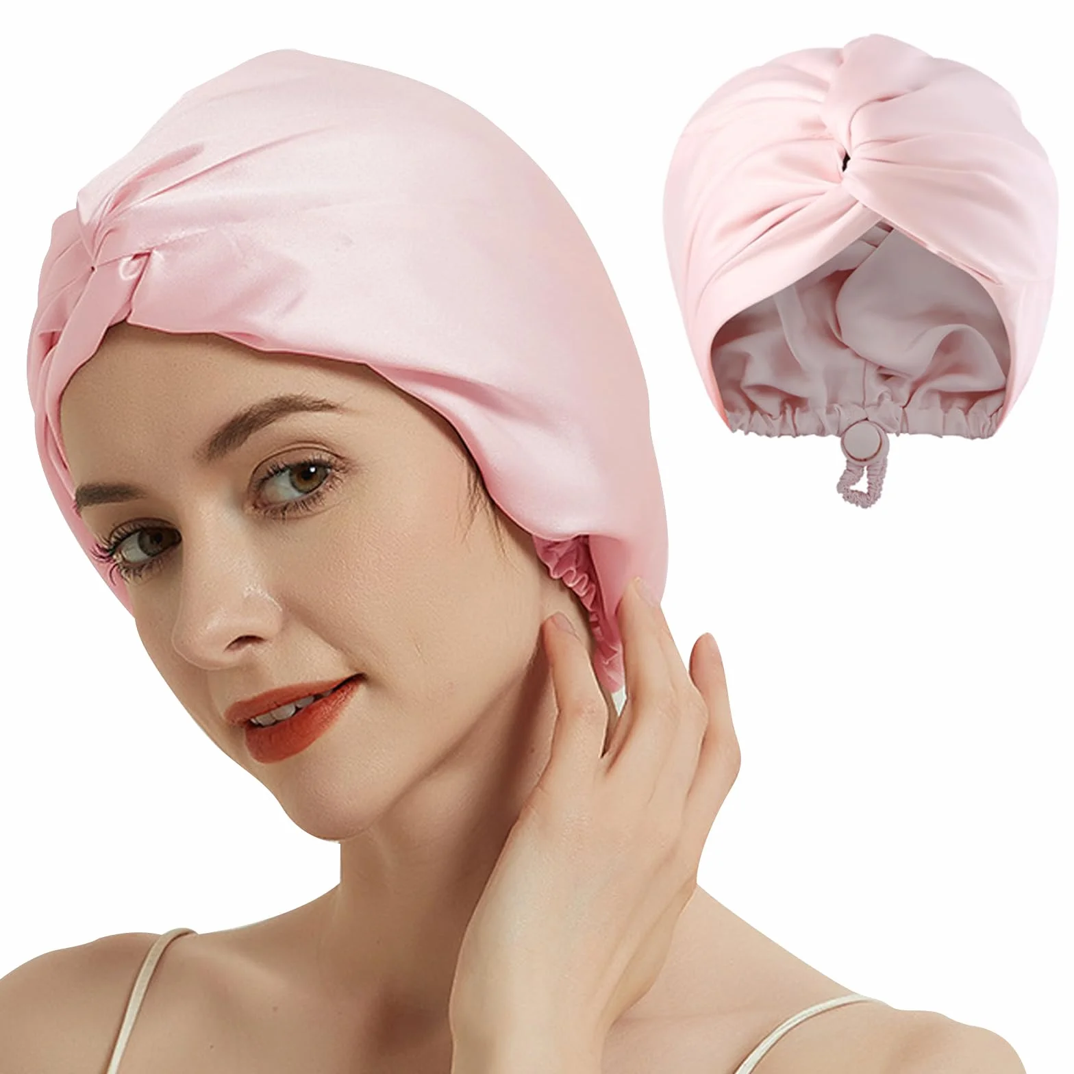 Moguri 1 x regulowany czepek do spania z jedwabnej satyny, dwuwarstwowy, czepek do spania, turban, kręcone, proste włosy, długie, duży splot, unisex, różowy, Rosa, l