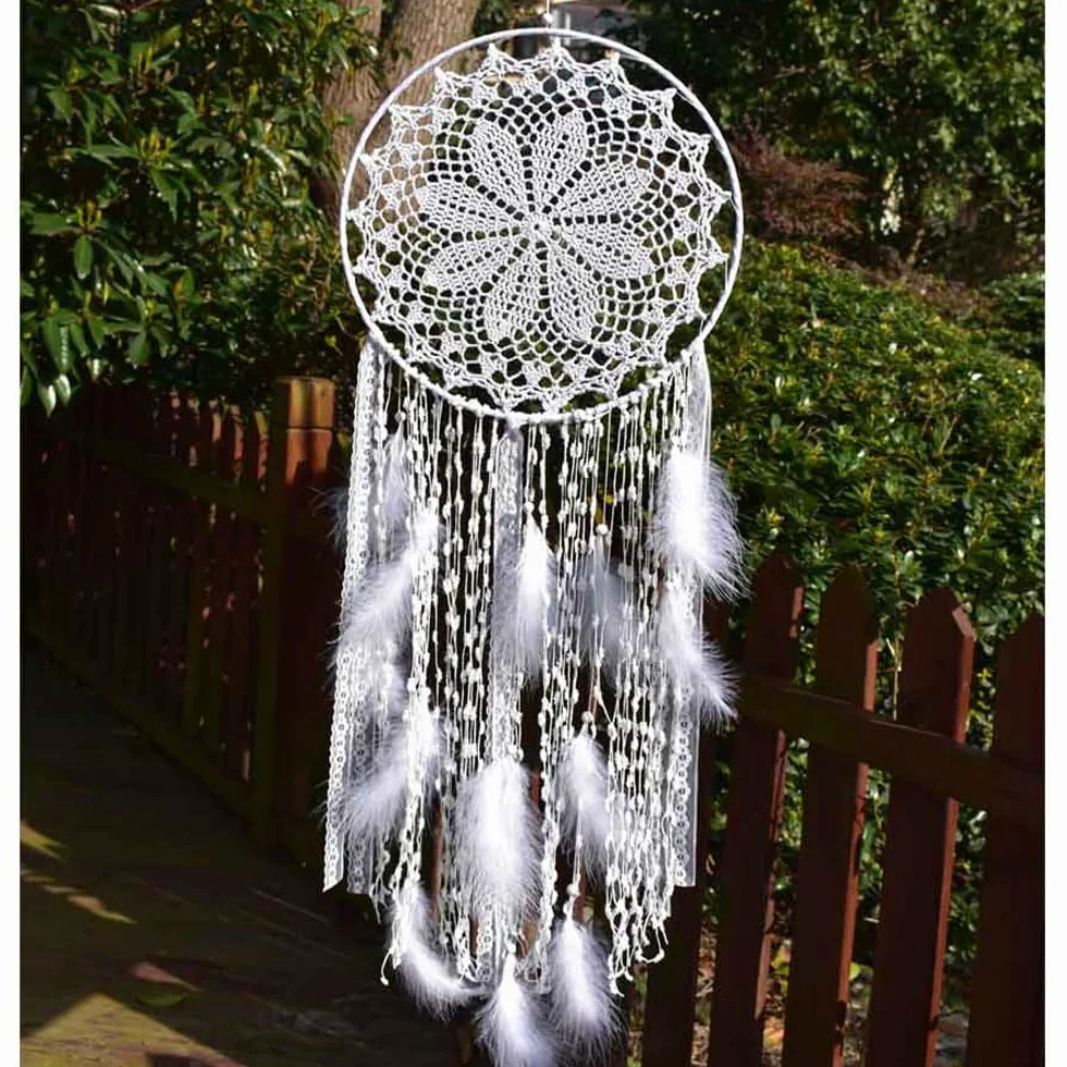 duży łapacz snów w stylu boho, z białymi piórami, makrama, ozdoba na ścianę na wesele vintage lub do dekoracji domu, okrąg 30 cm, długość 80 cm, biały