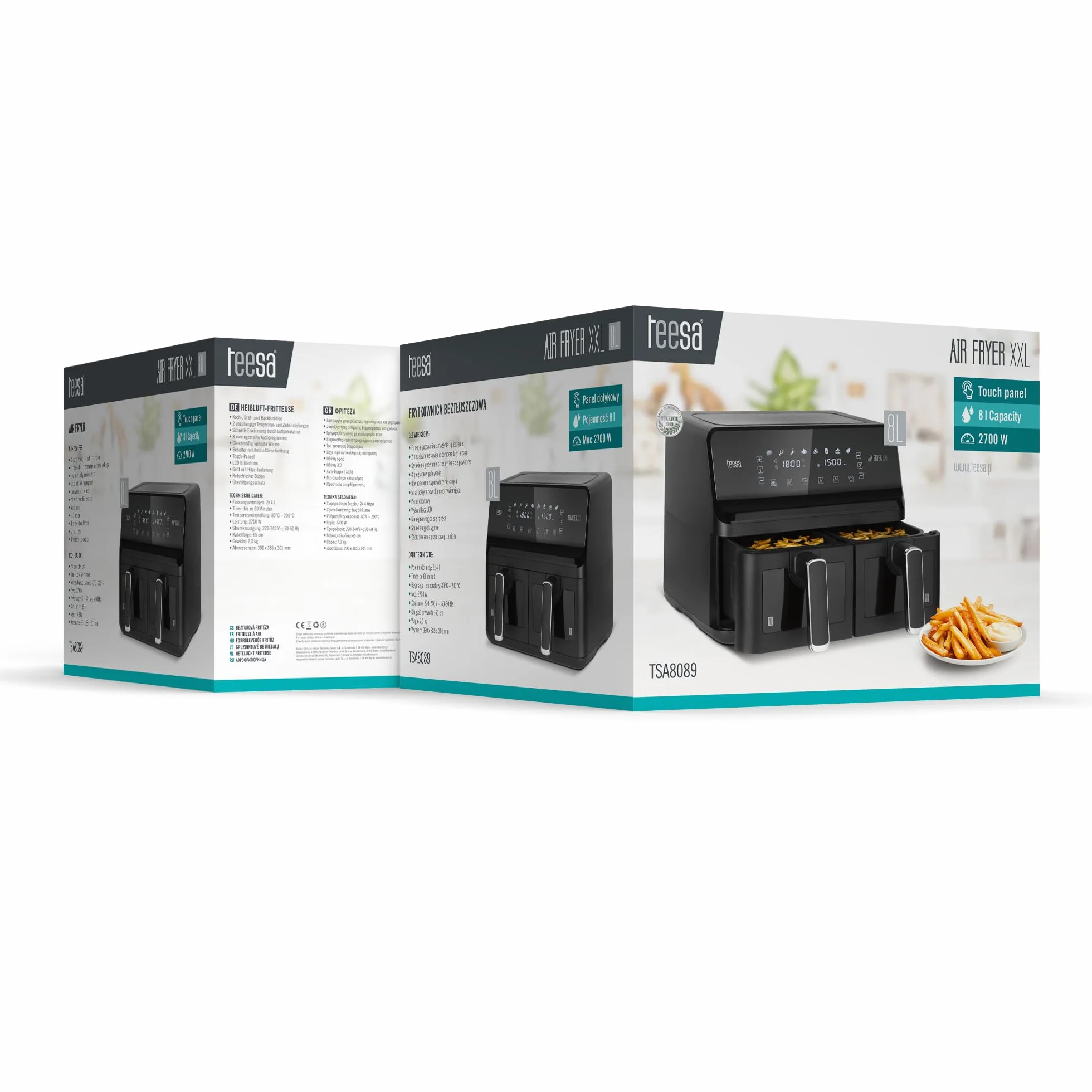 Teesa Frytkownica Beztłuszczowa XXL 2700W Dwukomorowa 2x4L AIR FRYER DUAL POT Wyświetlacz LCD 7 Programów