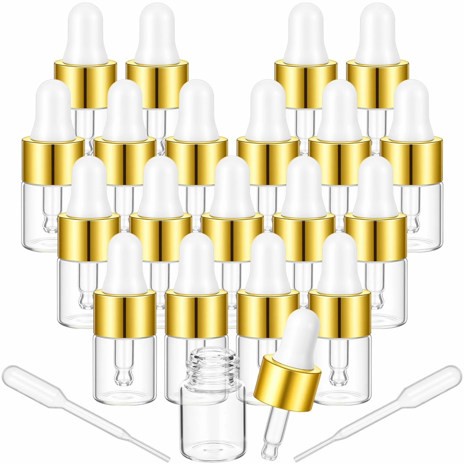Sibba 20 sztuk mini butelek z pipetą, 2 ml buteleczki na próbki, przezroczyste szklane butelki z pipetą do kroplówki, puste butelki podróżne na olejki eteryczne, olejki do skórek paznokci, perfumy
