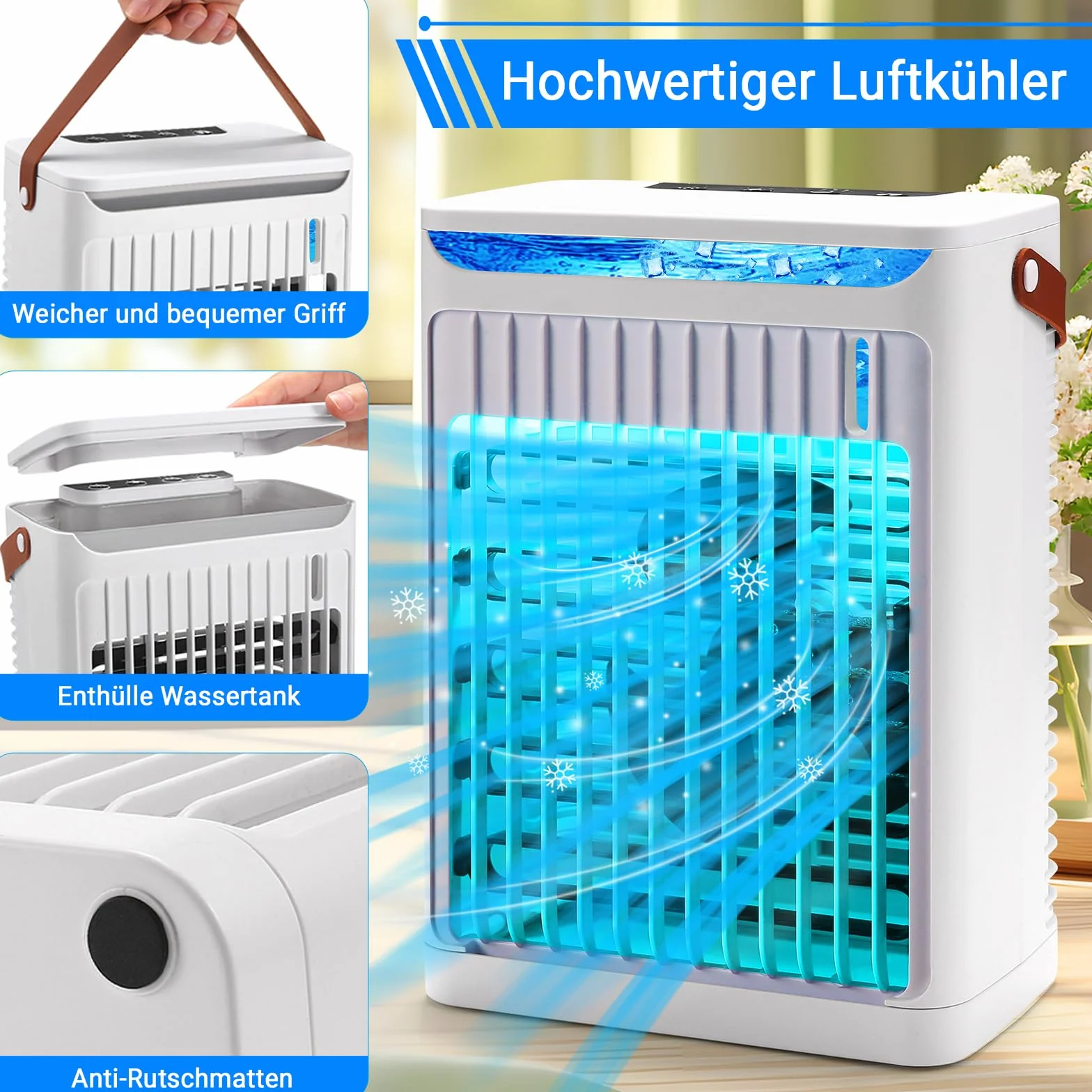 Przenośny mini klimatyzator 5 w 1 z 5 prędkościami nawiewu, 2 mgiełkami, timerem 2/4/6 H i LED, biały