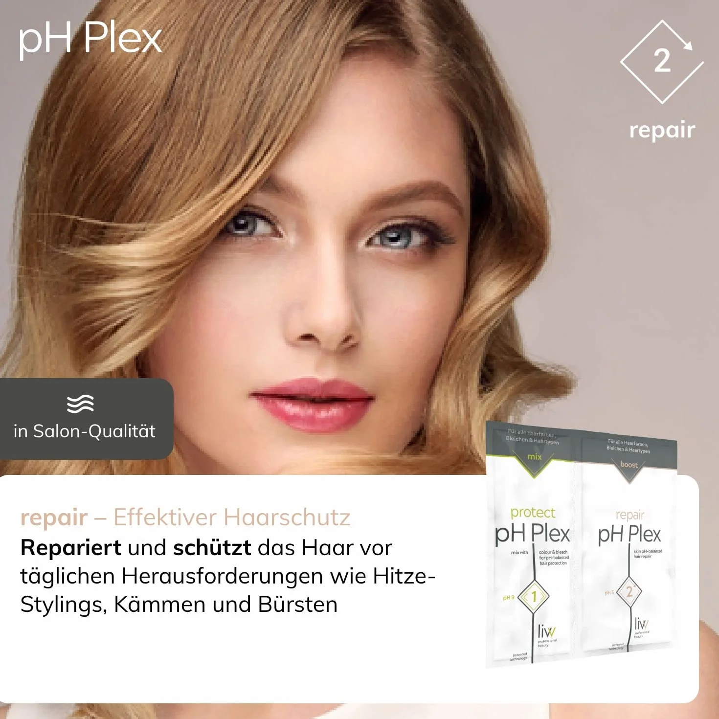 pH Plex 1 Protect & 2 repair - system pielęgnacji włosów do naprawy i ochrony podczas farbowania, blaknięcia lub rozjaśniania. Naprawia uszkodzone włosy.