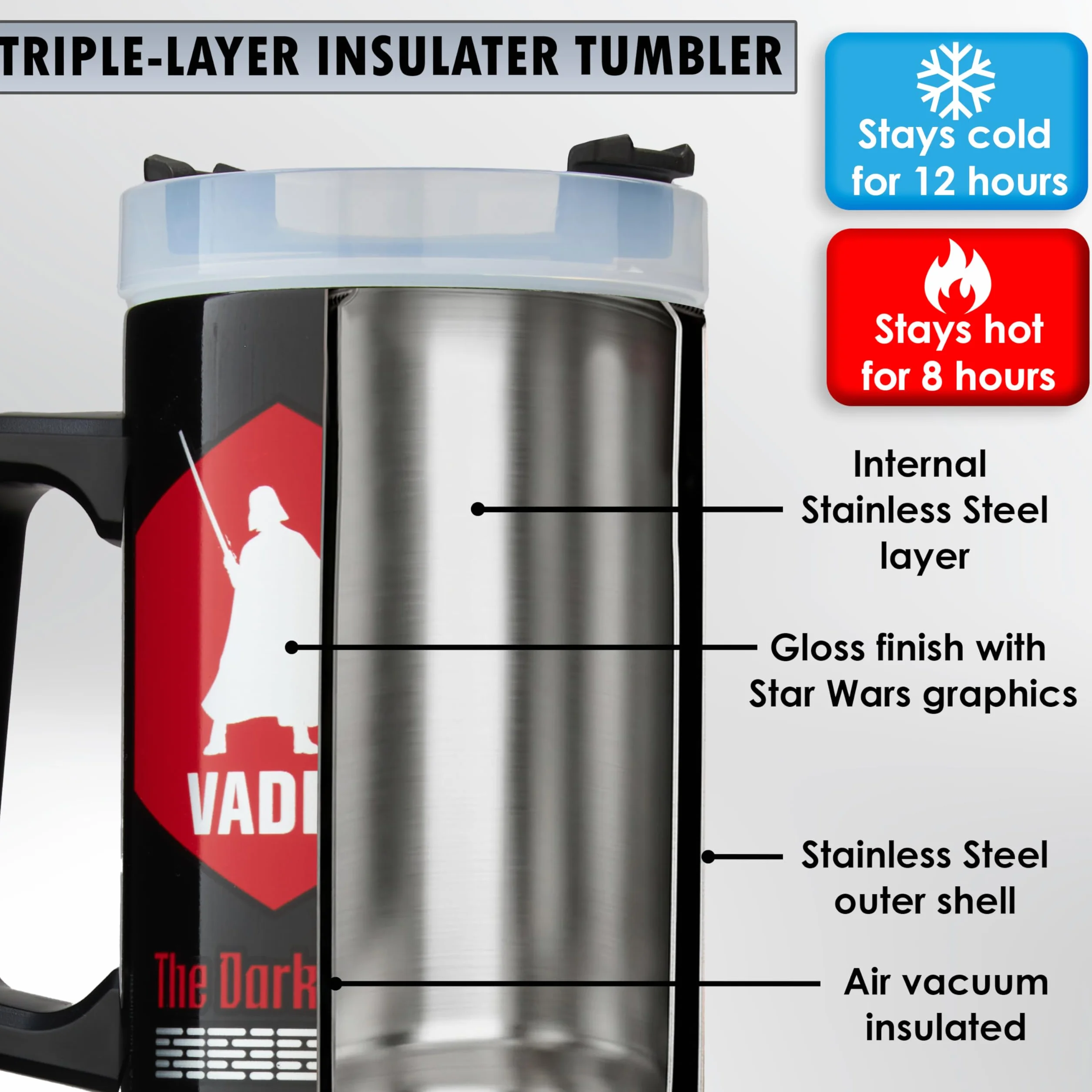 Get Trend Star Wars Izolowany kubek 920 ml, butelka na wodę ze słomką i uchwytem, lód do 42H zimna 12H i gorąca 8H, szczelny podróżny kubek do kawy, butelka na napoje, prezenty Darth Vader