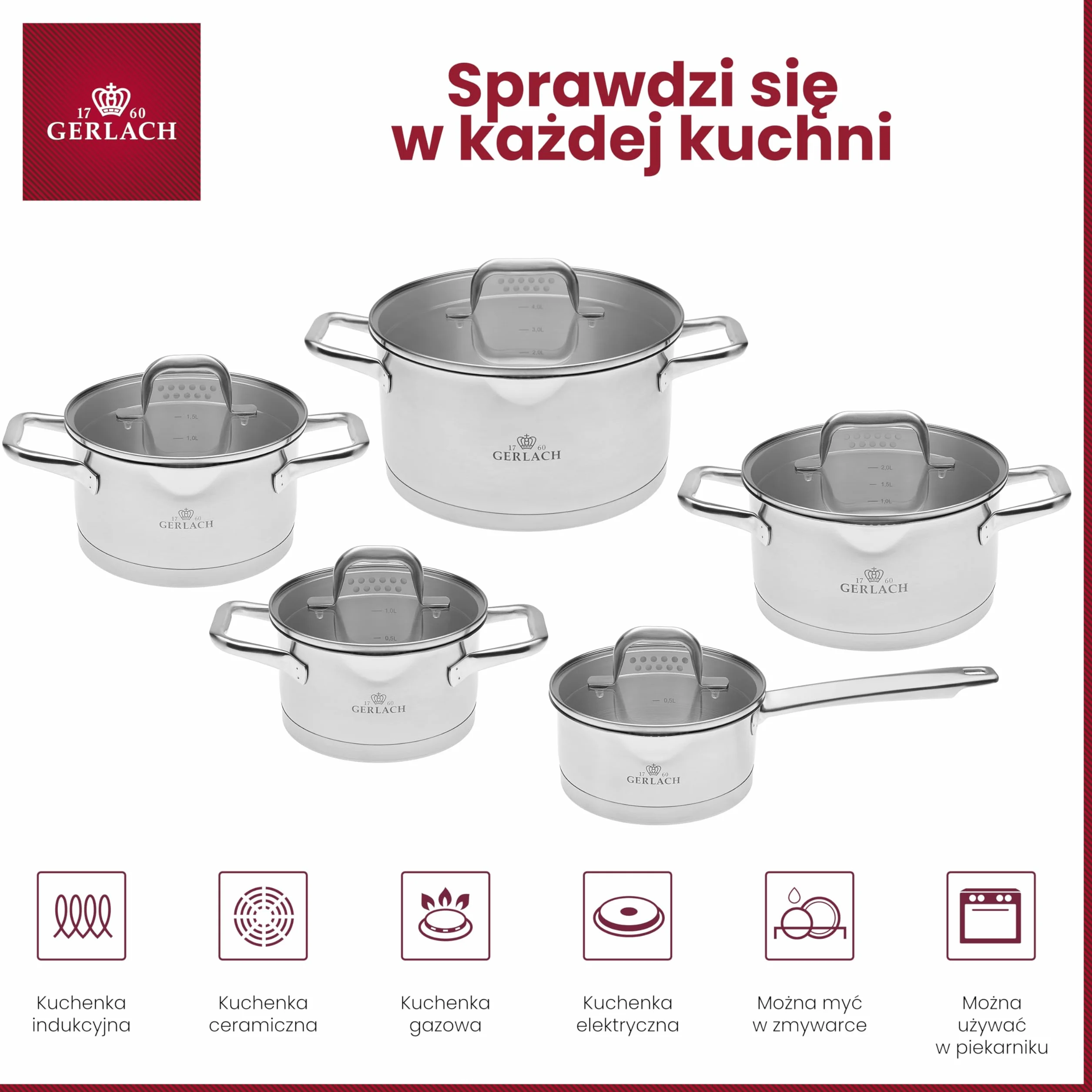 Gerlach Zestaw Garnków, Stal Stopowa, Srebrny, 5 elementów