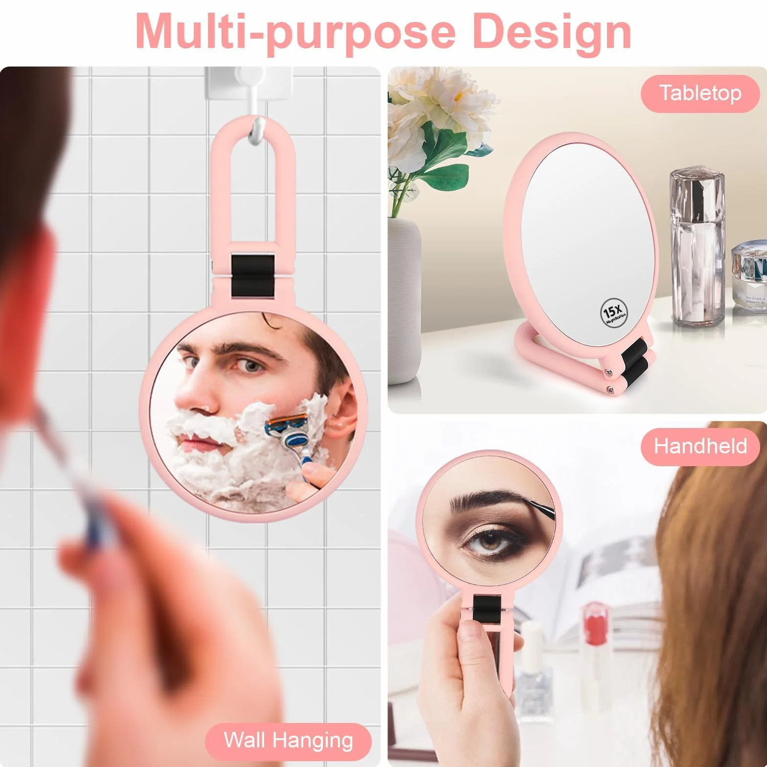 Linkstyle dwustronne lusterko powiększające, 1 x 15 x małe lusterko do makijażu ze składanym uchwytem 360°, wolnostojące, przenośne, kosmetyczne, dla dziewcząt, kobiet, mężczyzn, do golenia, różowe