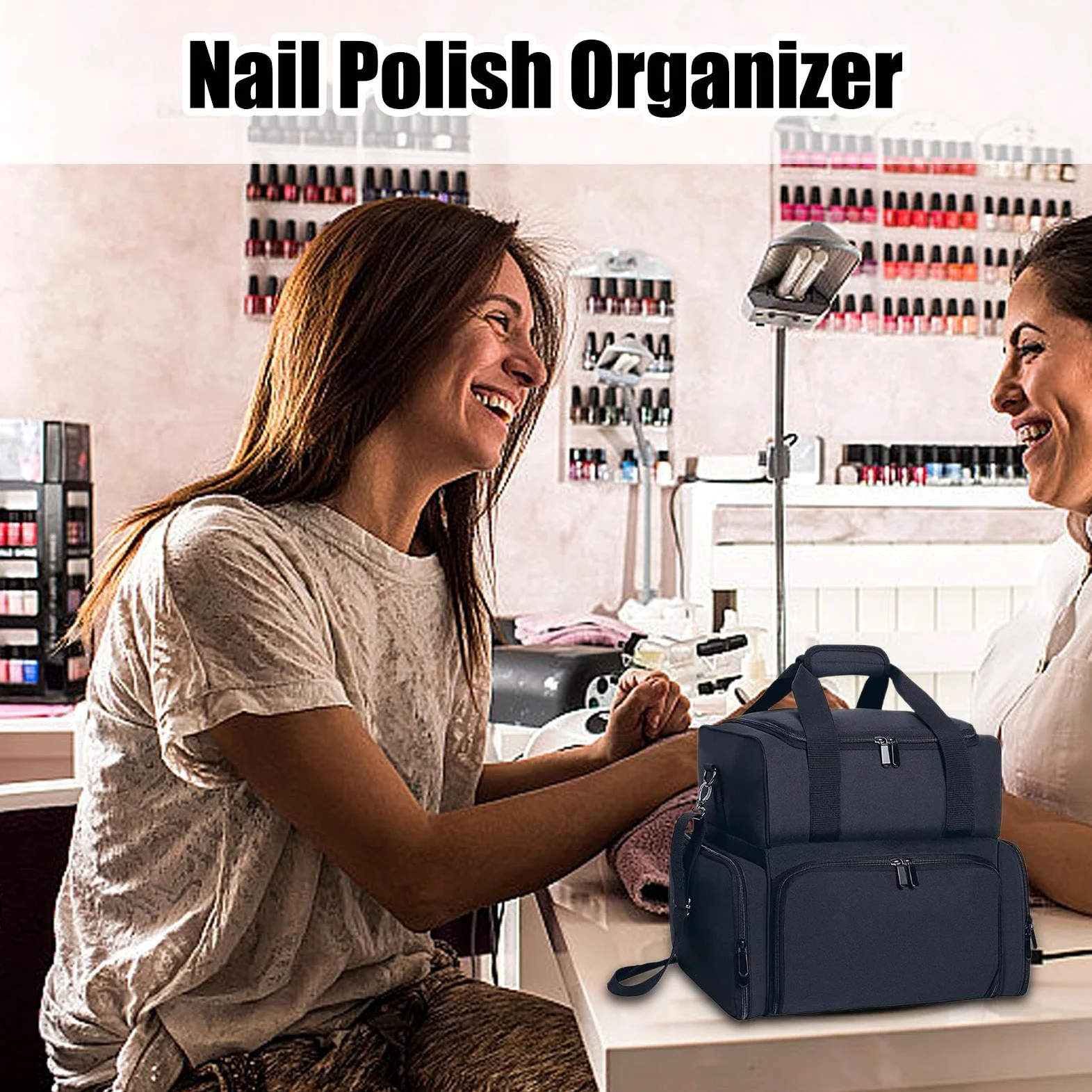 Pudełko do przechowywania przyborów do paznokci, torba na kosmetyki do | paznokci, torba do przechowywania, torba podróżna mieści 70 butelek z uchwytem i paskiem na ramię, do podróży na zewnątrz