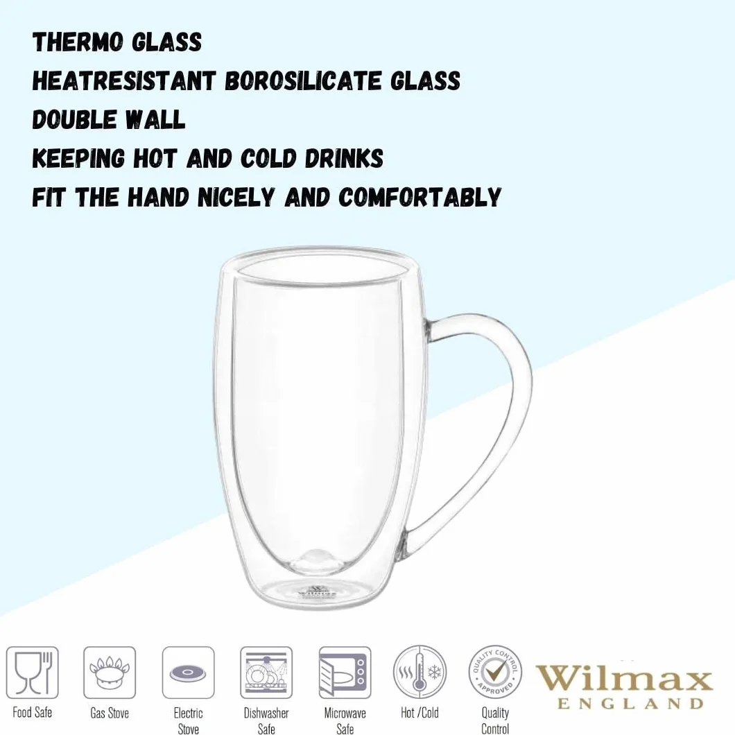 Wilmax szklanki termiczne z podwójnymi ściankami z uchwytem | zestaw 6 szklanek | 500 ml | zestaw szklanek do latte macchiato | szklanki do cappuccino z uchwytem | szklanki do kawy | szklanki do