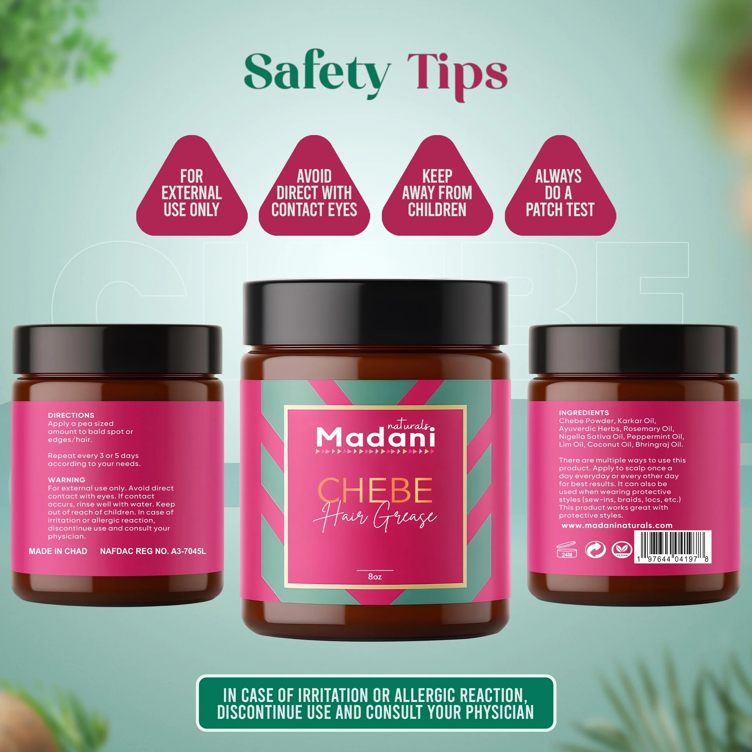 Madani Naturals Chebe Smar do wzrostu włosów z olejkiem rozmarynowym, przerzedzające się włosy i leczenie wypadania włosów, dla mężczyzn i kobiet, masło wegańskie