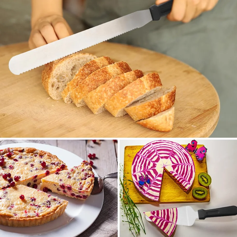 Yuragim Pomoc do cięcia dna tortu + pierścień do tortu regulowany + nóż do tortu długi + łopatka do tortów ze stali nierdzewnej, 5 sztuk, pomoc do krojenia tortów, akcesoria do pieczenia, akcesoria do