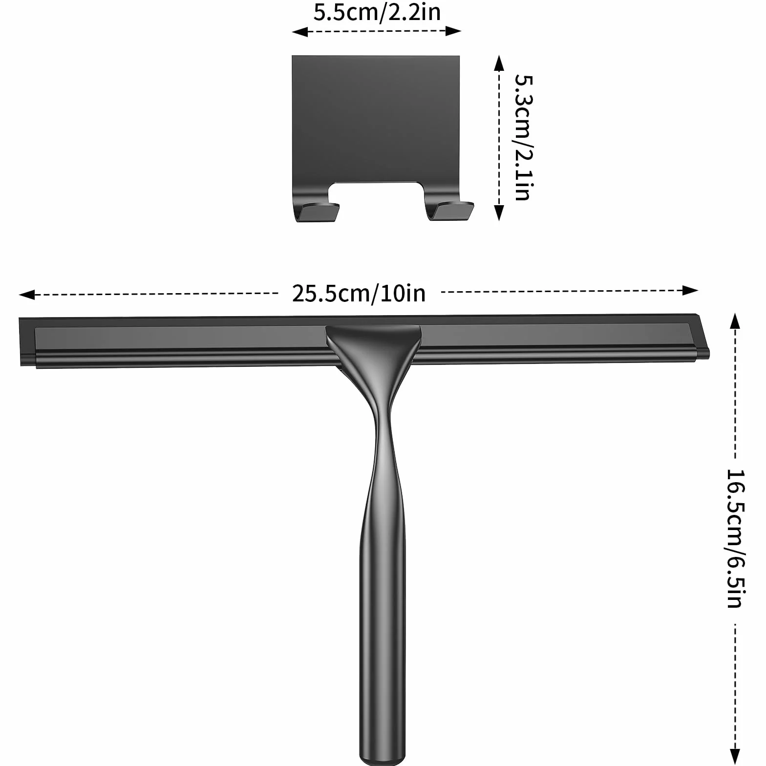 Radikor Ściągacz prysznicowy ze stali nierdzewnej, 25,5 cm, z zawieszką na ścianę, silikonowy, do prysznica, łazienki, lustra, płytek, 1 zapasowa warga i 1 haczyk, czarna