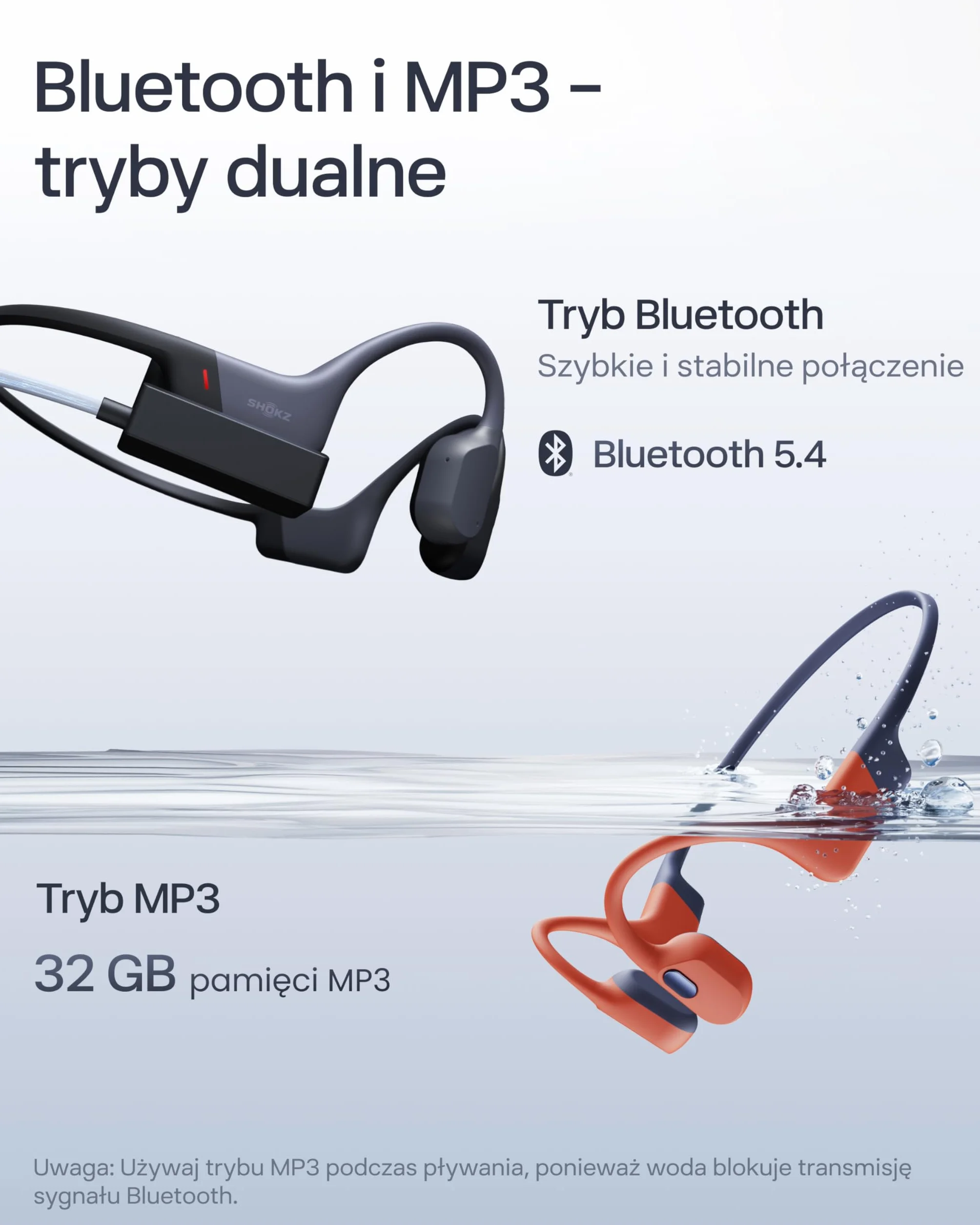 SHOKZ OpenSwim Pro Słuchawki Sportowe z Bone Conduction, Wodoszczelne IP68 Słuchawki Open-Ear z Bluetooth 5.4, Ładowanie bezprzewodowe,32GB Pamięci MP3, 9h Czasu Pracy do Biegania, Pływania - Szare