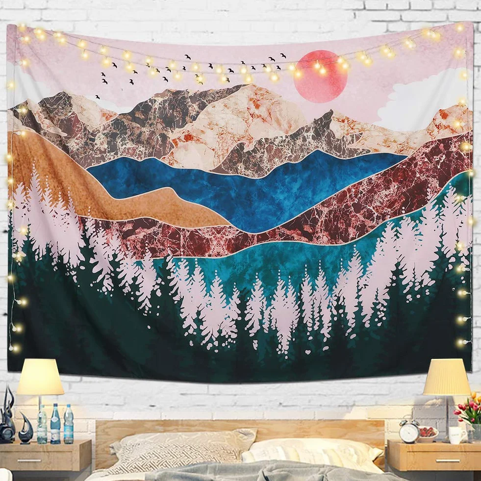 Gobelin ścienny Zachód słońca las drzewo góra krajobraz 130 x 150 cm