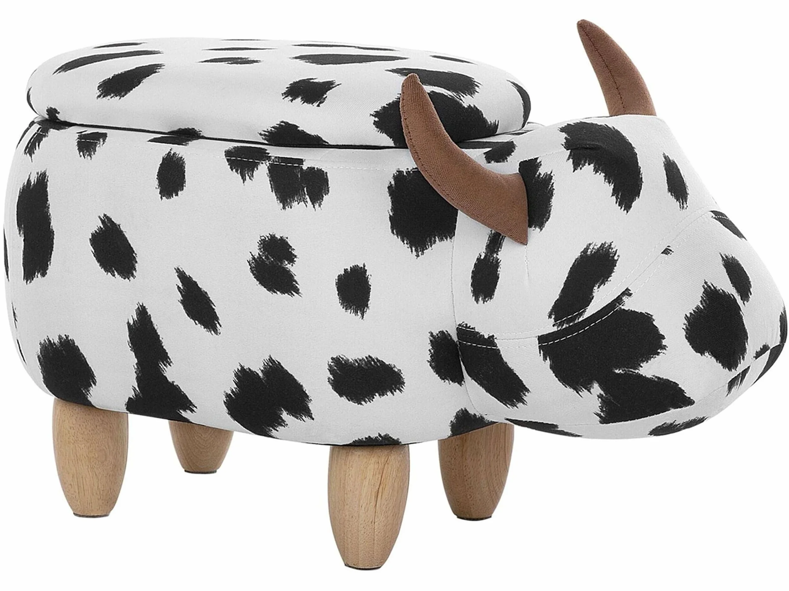 Pufa dla dzieci czarno-biała w łaty ze schowkiem drewniane nóżki Cow