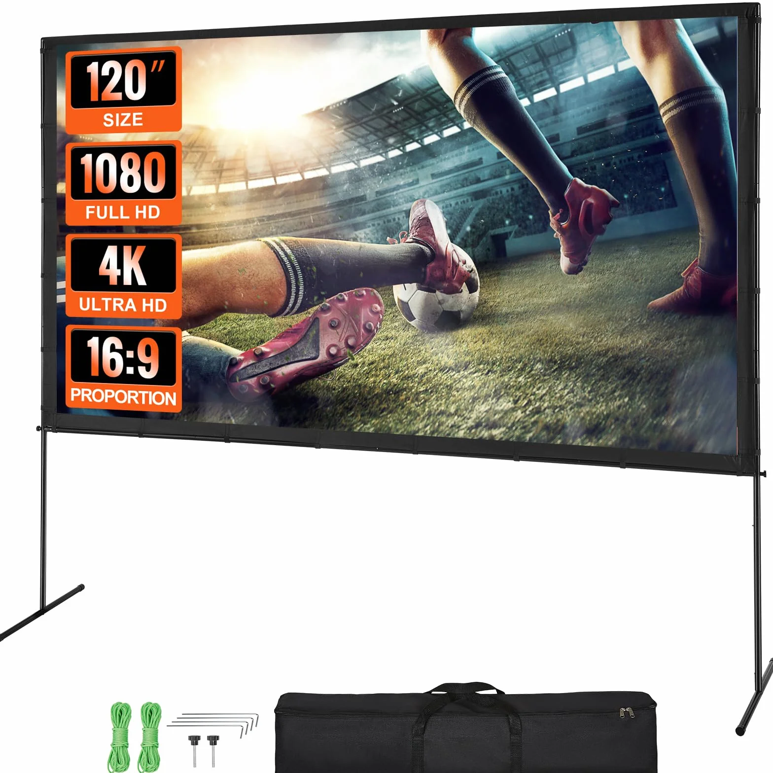 VEVOR Ekran projektora ze stojakiem, 304.8 cm 16:9 4K 1080 HD, zewnętrzny ekran filmowy ze stojakiem, bez zagnieceń, ekran projekcyjny z nóżkami barowymi i torbą do przenoszenia, do kina domowego, na