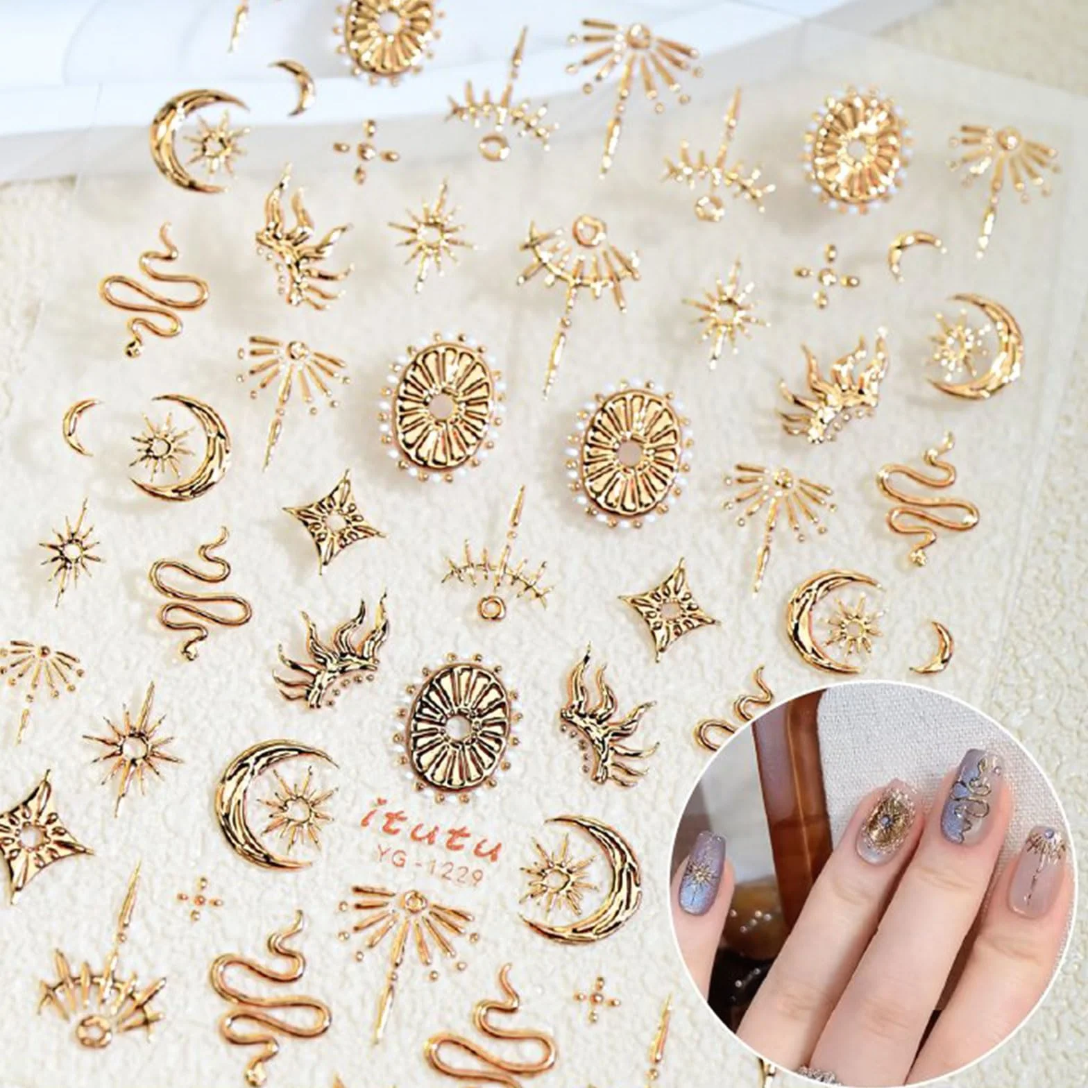 JMEOWIO Naklejki na paznokcie 3D złoty księżyc gwiazda wąż Nail Art Sticker samoprzylepna naklejka na paznokcie 5D stereoskopowa dekoracja akcesoria do stylizacji paznokci 1 arkusz