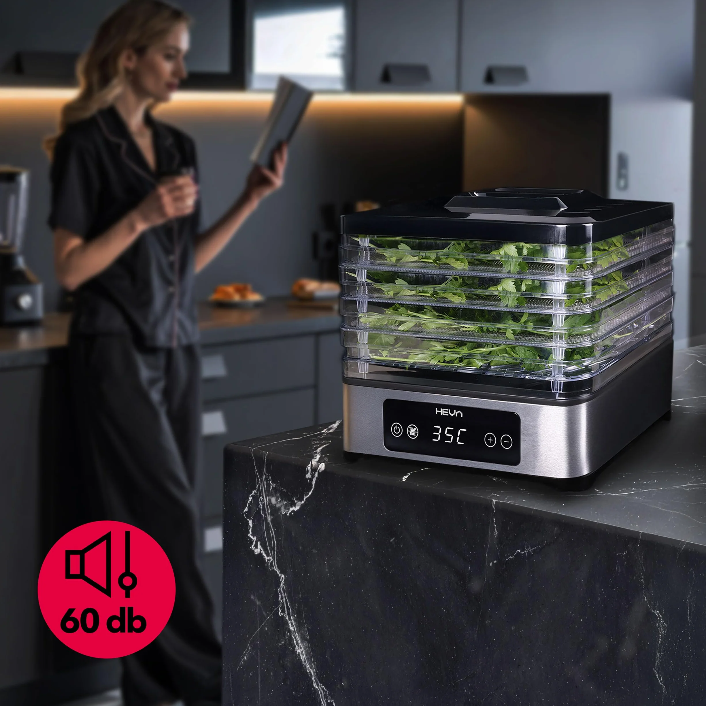 HEVA NIVA Suszarka do grzybów spożywcza 6 sit ze stali 450W LED 12L regulator temperatury 35-70°C