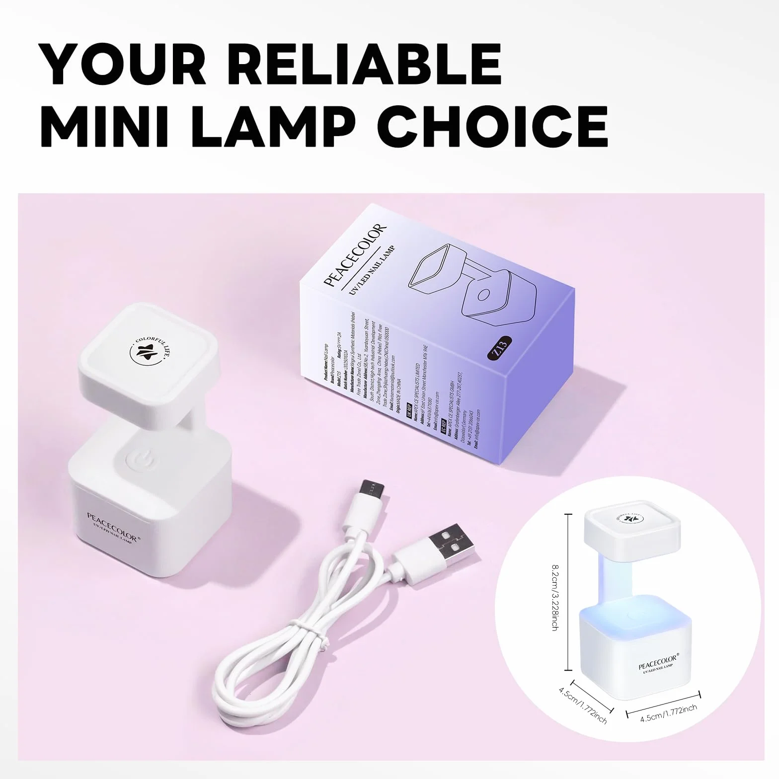 PEACECOLOR Lampa UV Mini – przenośna lampa UV/LED do paznokci z 2 trybami timera, suszarka do paznokci, przeznaczona do kleju do paznokci, lakieru hybrydowego, żelu do przedłużania paznokci oraz cyrko