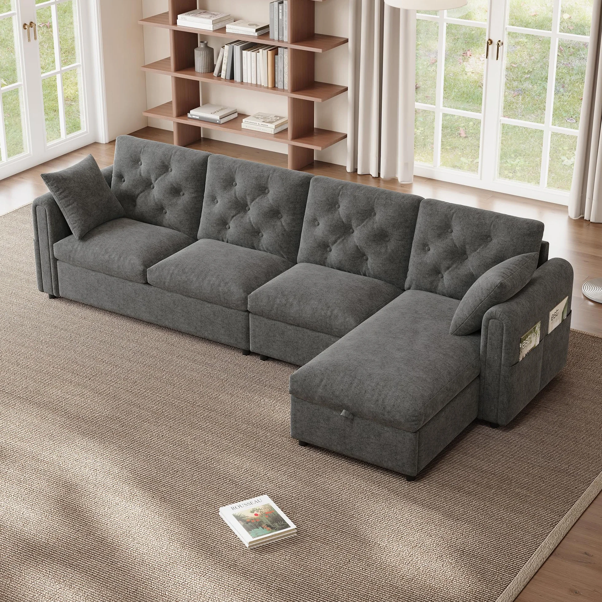 Aksamitna sofa L-kształtna z miejscem do przechowywania, regulowana, szara