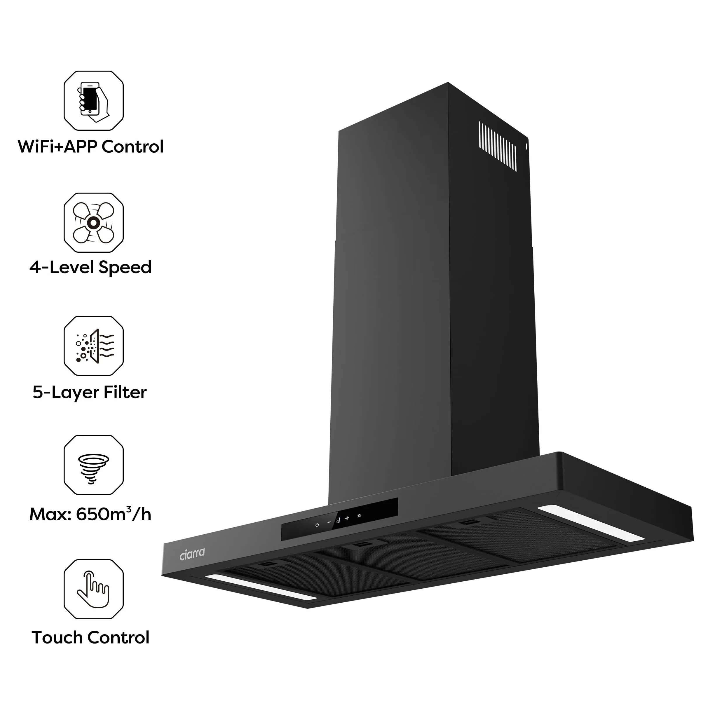 CIARRA CBCB9102-P A++ okap kuchenny 90 cm 650 m³/h TouchControl czarny