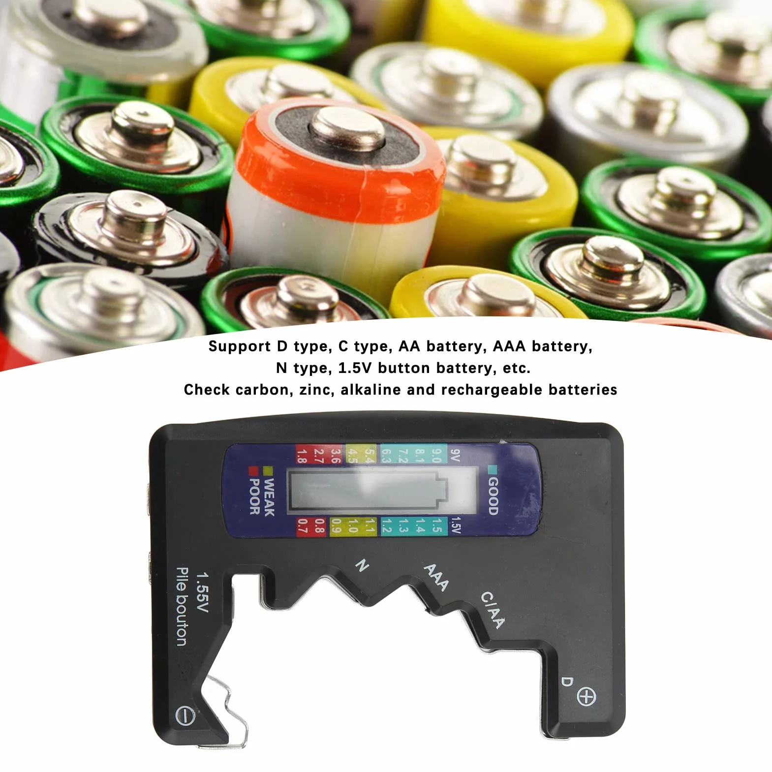 Yctze Cyfrowy tester pojemności baterii z wyświetlaczem LCD dla baterii guzikowych D C AA AAA N 1,5 V (czarny) baterie litowe aa