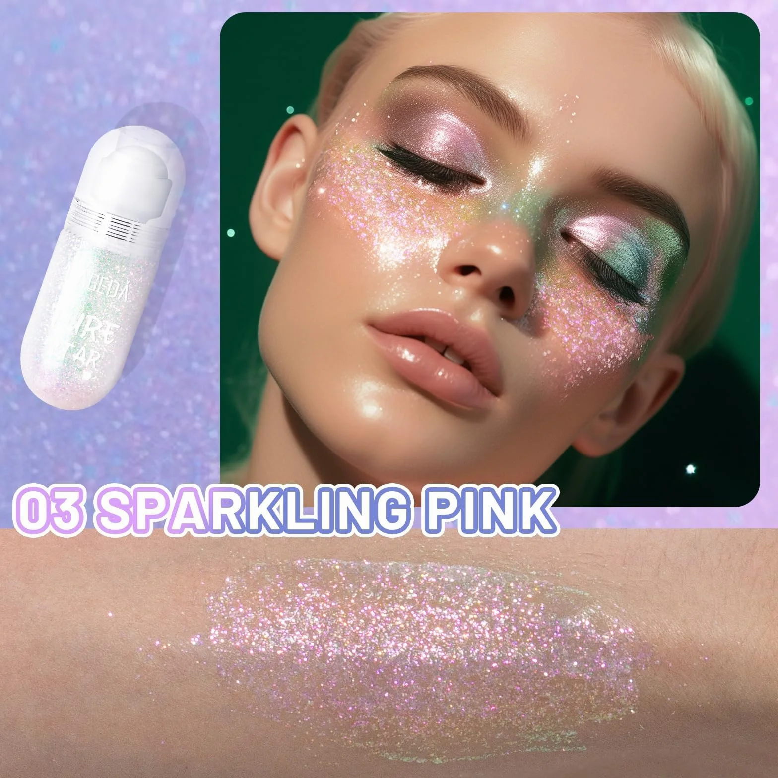 Prreal Roll-on Body Glitter Gel, Color Change Glitter for Festival Rave Accessories, Face Paint Holografic Hair Glitters, Sparkle Shimmer Halloween Makeup for Rave Party (03Sparkling Pink)