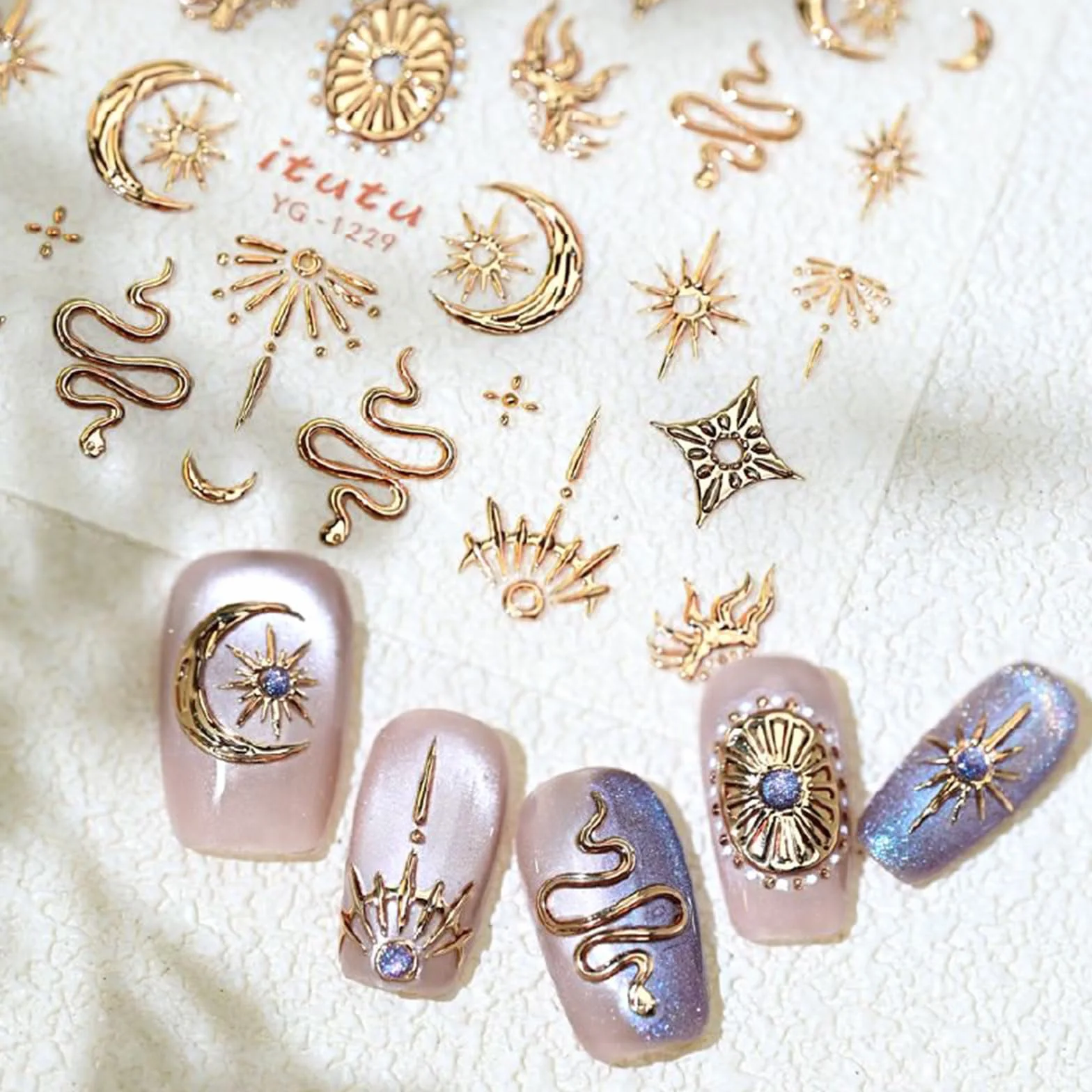 JMEOWIO Naklejki na paznokcie 3D złoty księżyc gwiazda wąż Nail Art Sticker samoprzylepna naklejka na paznokcie 5D stereoskopowa dekoracja akcesoria do stylizacji paznokci 1 arkusz