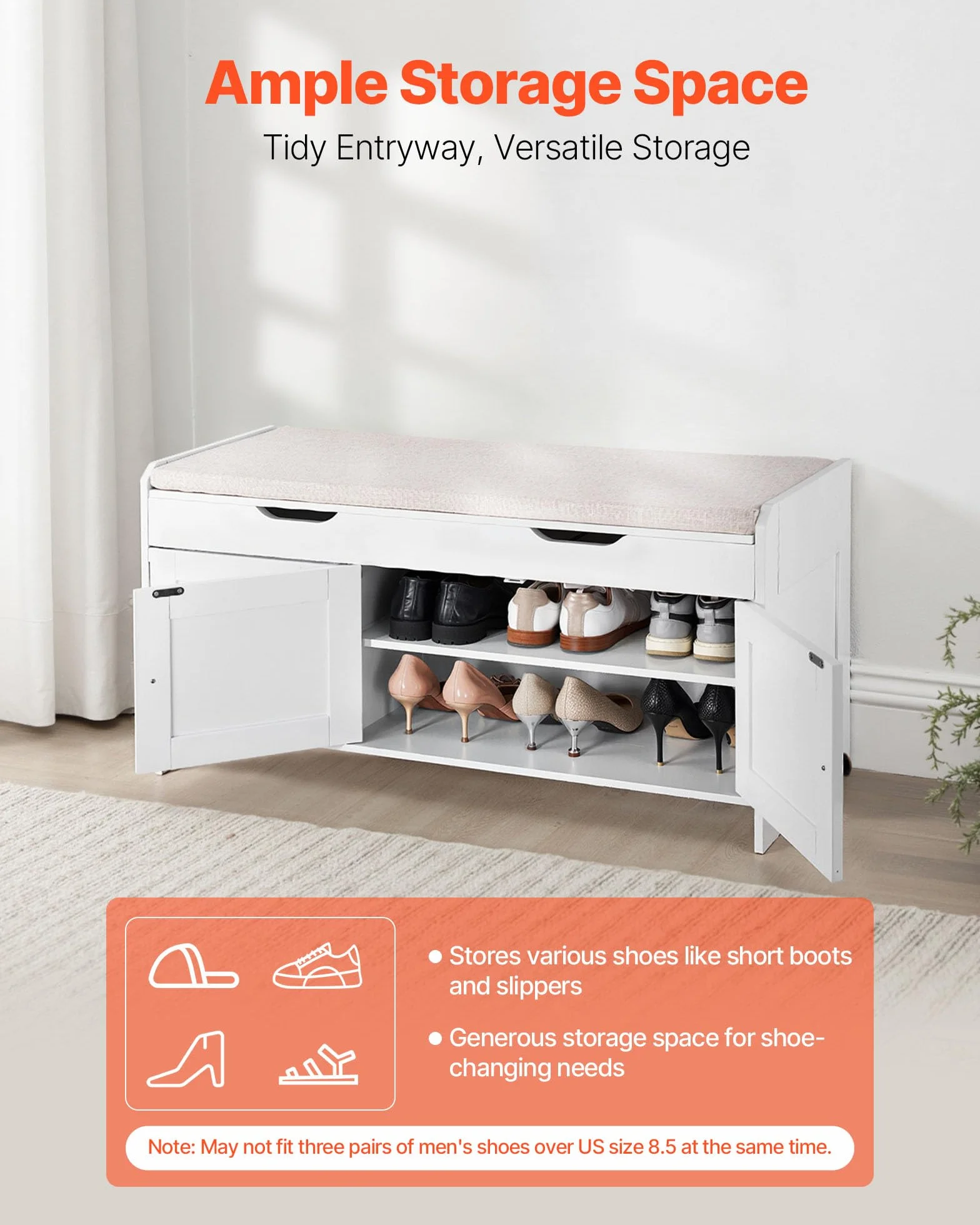VEVOR Ławka na buty 105 x 35 x 50,3 cm, ławka wejściowa z 3 szafkami, półka z regulacją wysokości, organizer na podnoszoną tacę, poduszka do siedzenia, 113,4 kg, do sypialni, korytarza, biała i szara
