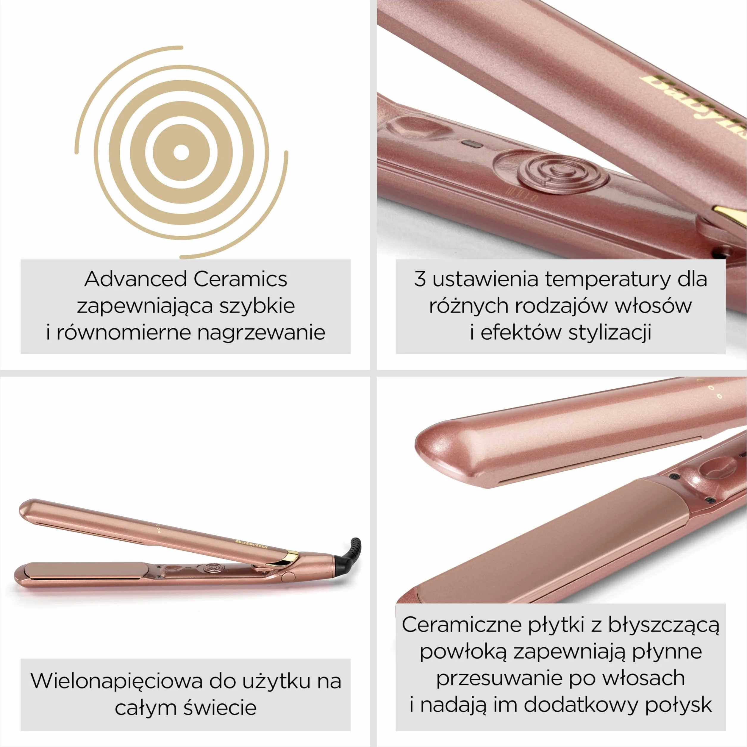 Prostownica BaByliss Rose Gold - ceramiczne płytki do gładkiej stylizacji, wielonapięciowa, do stosowania na całym świecie, ultraszybkie nagrzewanie w 15s., 3 ustawienia temperatury do 235°C, 2598PE