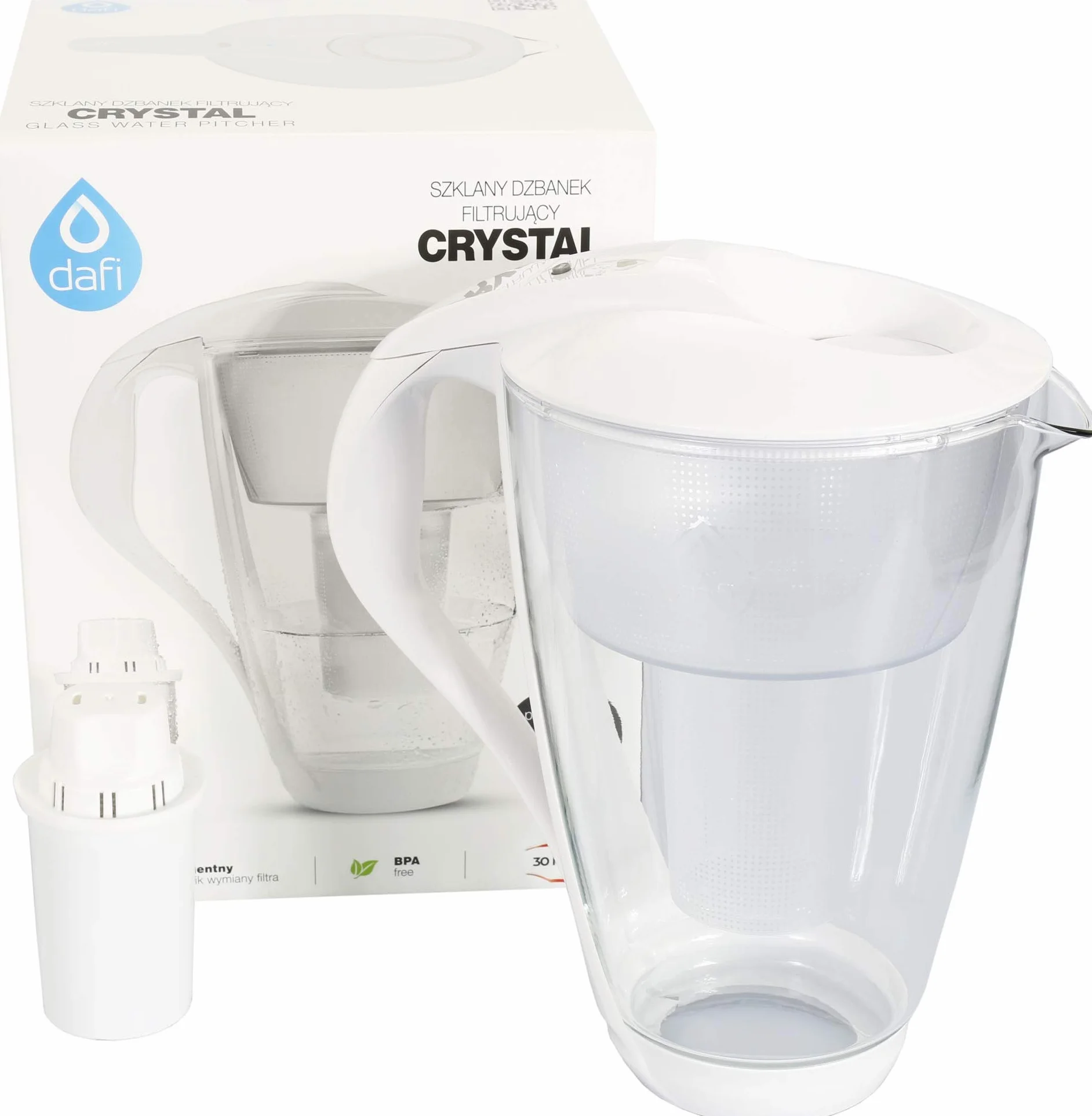 Szklany filtr do wody Dafi Crystal Classic 2,0 l z 1 wkładem filtrującym - biały