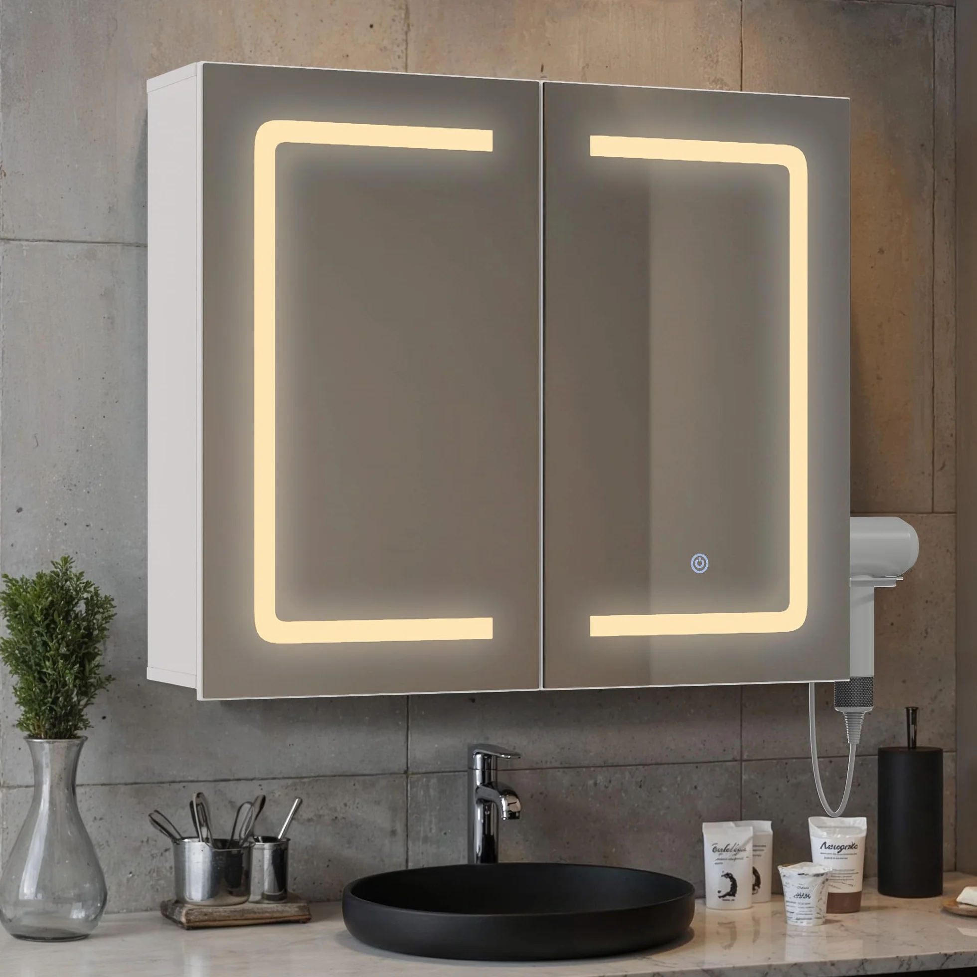 70cm Szafka łazienkowa z lustrem LED ściemnialna dotykowa z gniazdkiem MDF 80cm