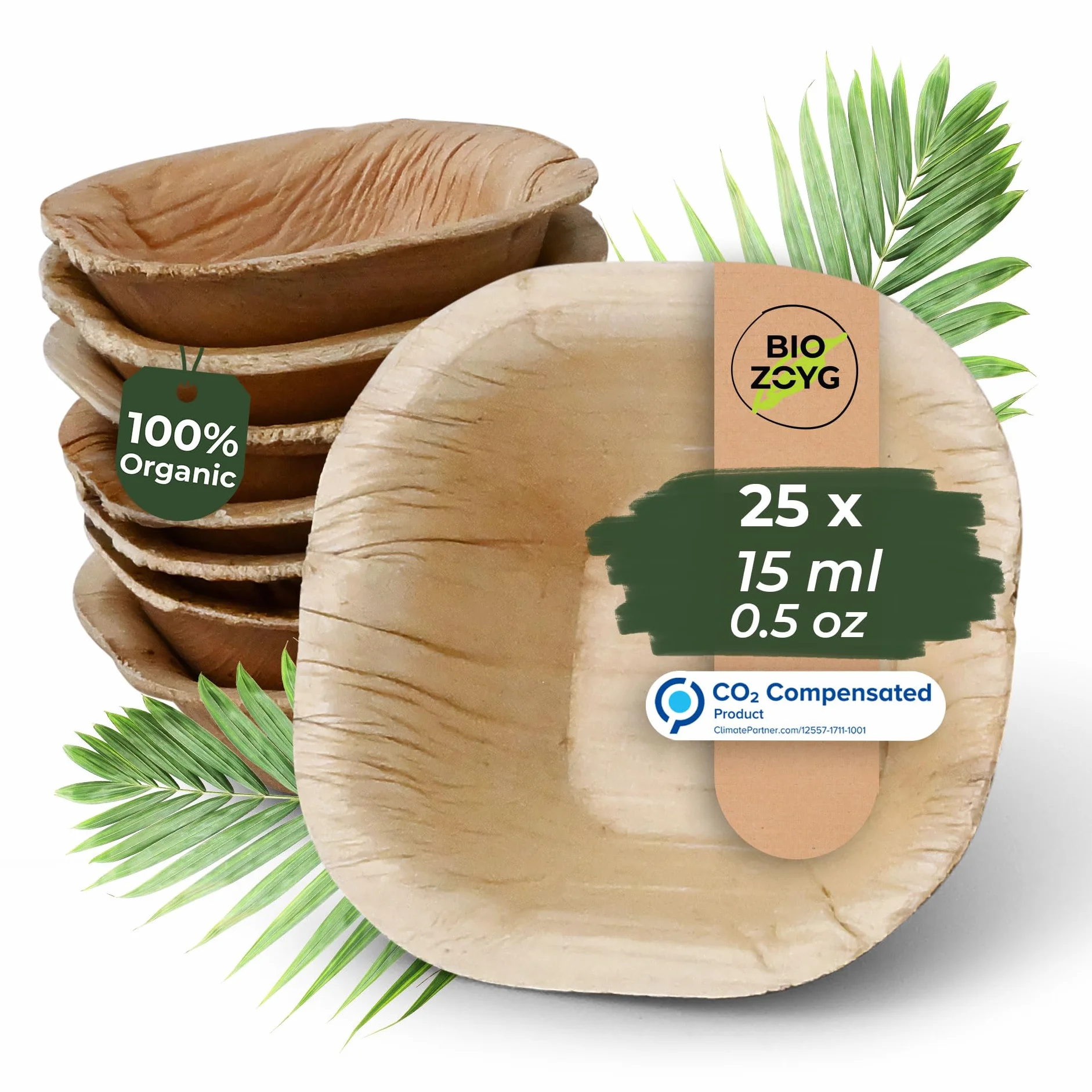 BIOZOYG Ekologiczne miski na sosy z liści palmowych 15 ml 25 sztuk Biodegradowalne kompostowalne Jednorazowe naczynia