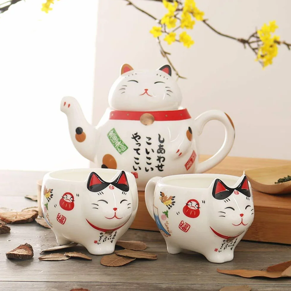 Szczęśliwy kot porcelanowy zestaw do herbaty kreatywny ceramiczny dzbanek do herbaty z filtrem piękny kot czajniczek kubek