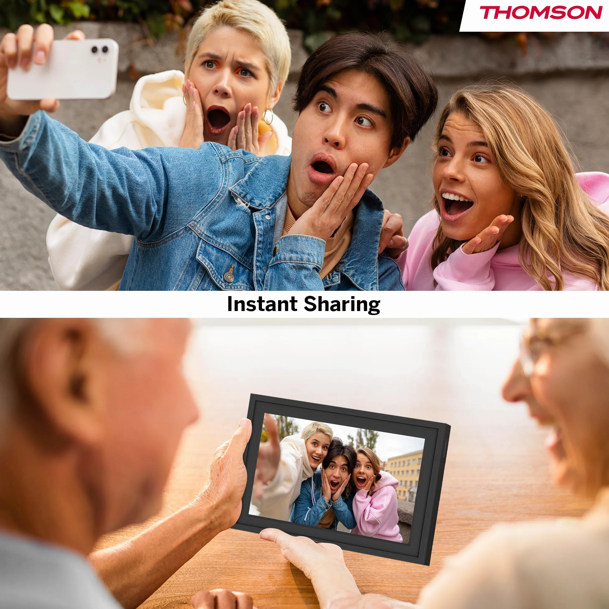 Thomson Cyfrowa Ramka na Zdjęcia 10 Cali, Ekran IPS, Ekran Dotykowy HD, WLAN, Bezpośrednie Udostępnianie przez App, Funkcje Smart, Elektroniczna Ramka na Zdjęcia z Pamięcią 32 GB, Automatyczny Obrót