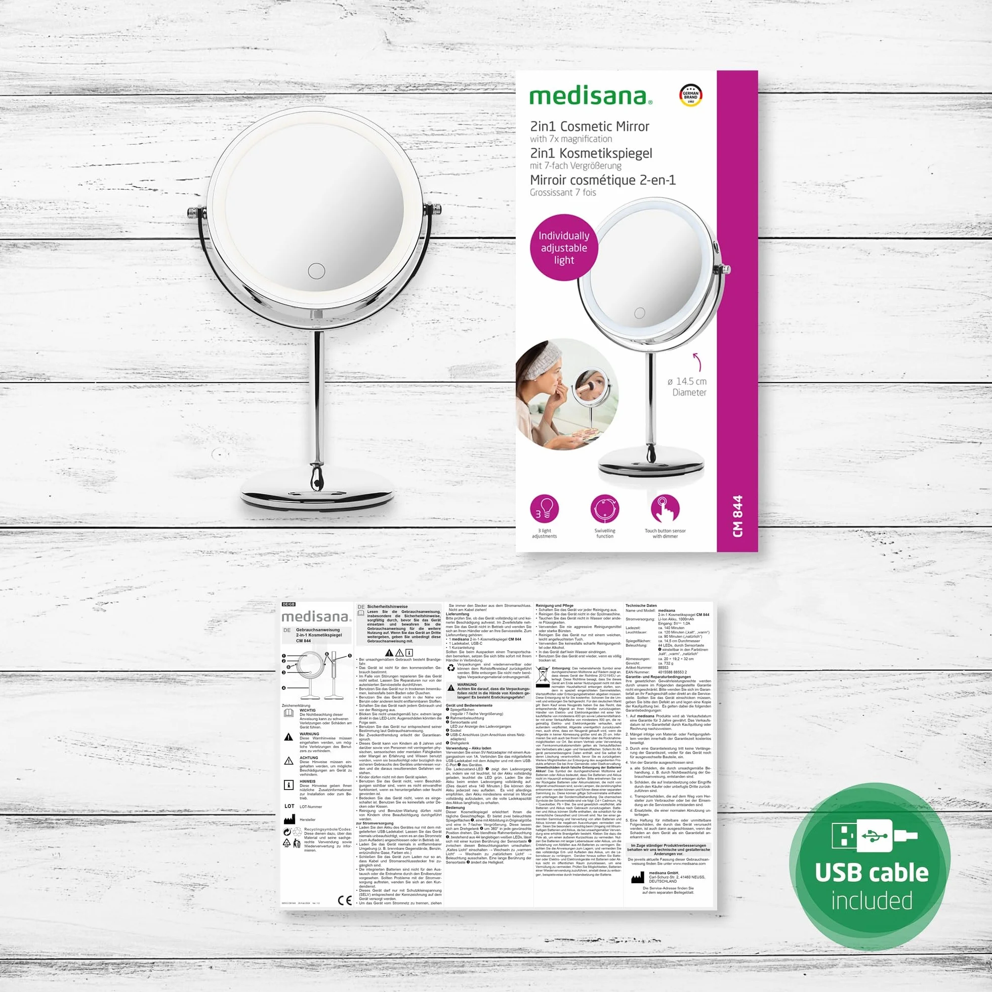 medisana CM 844 Lusterko kosmetyczne z powiększeniem, lusterko do makijażu bezstopniowym oświetleniem LED, bezprzewodowe lusterko z akumulatorem, normalnym odbiciem i 7-krotnym powiększeniem